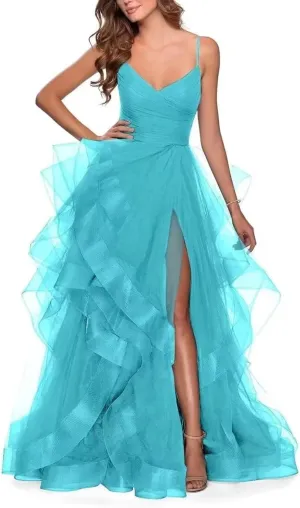 Tiered Tulle Prom Dress 2025 Classic Evening Dresses for Women Formal Spaghetti Straps Glittery Party Ball Gowns with Slit