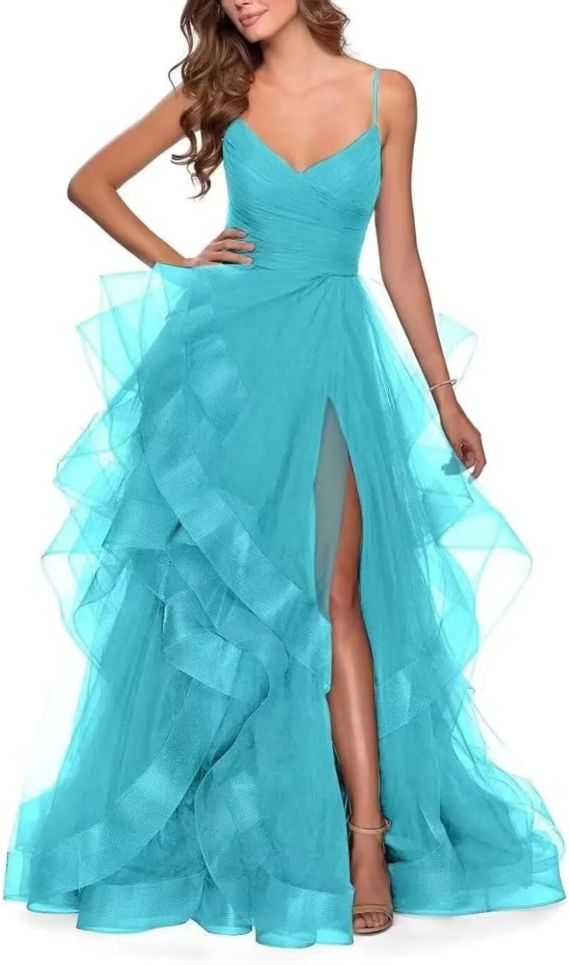 Tiered Tulle Prom Dress 2025 Classic Evening Dresses for Women Formal Spaghetti Straps Glittery Party Ball Gowns with Slit