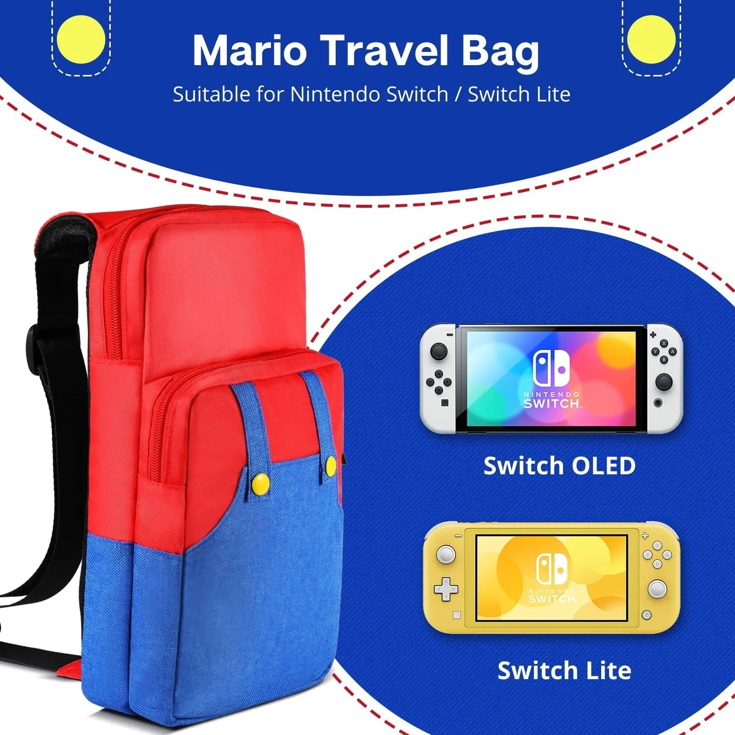TNP Switch Bag, Travel Compatible with Nintendo Switch/Switch OLED/Switch Lite (Mario) Shoulder Bag Travel Portable Carrying Backpack for Games Accessories Console & Dock Charger