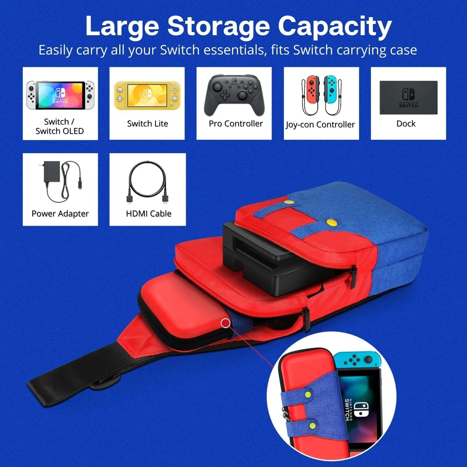 TNP Switch Bag, Travel Compatible with Nintendo Switch/Switch OLED/Switch Lite (Mario) Shoulder Bag Travel Portable Carrying Backpack for Games Accessories Console & Dock Charger