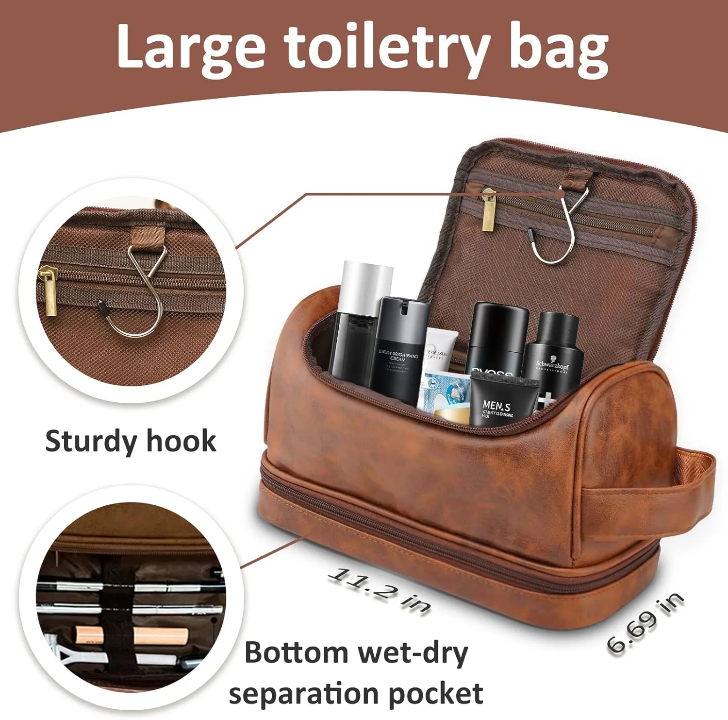 Toiletry Bag for Men, Large Leather bathroom accessories, Travel Essentials Dopp kit, Gifts for Father, Dad, Boyfriend, Grandpa, Shaving Kit for Men Bag