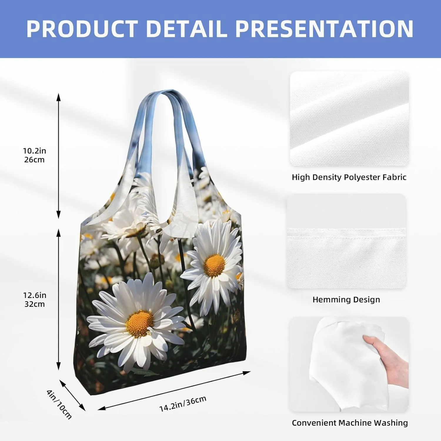 Tote Bag for Women Reusable Grocery Bag Canvas Shopping Bag Camomile pattern Handbag Foldable Shoulder Bag