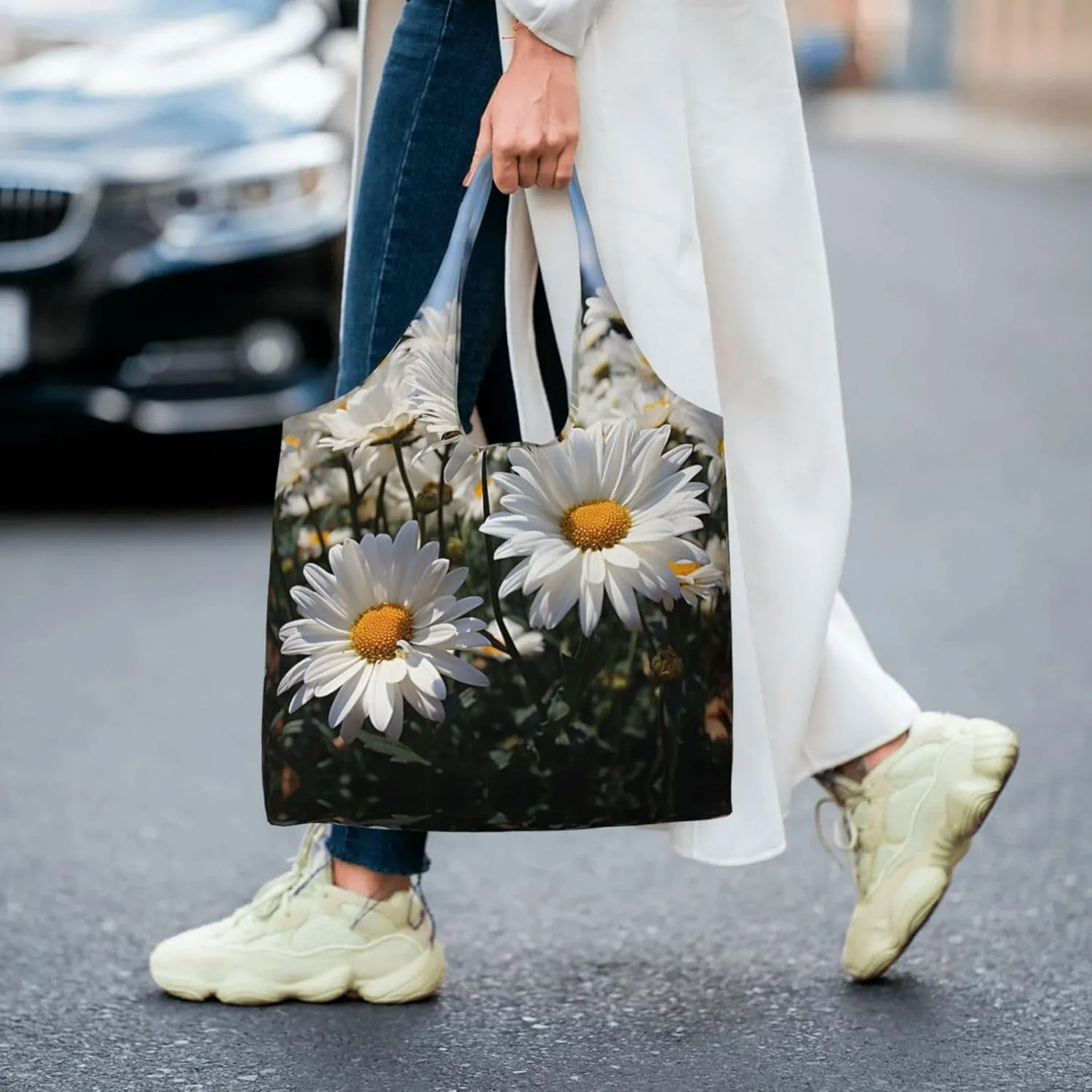 Tote Bag for Women Reusable Grocery Bag Canvas Shopping Bag Camomile pattern Handbag Foldable Shoulder Bag
