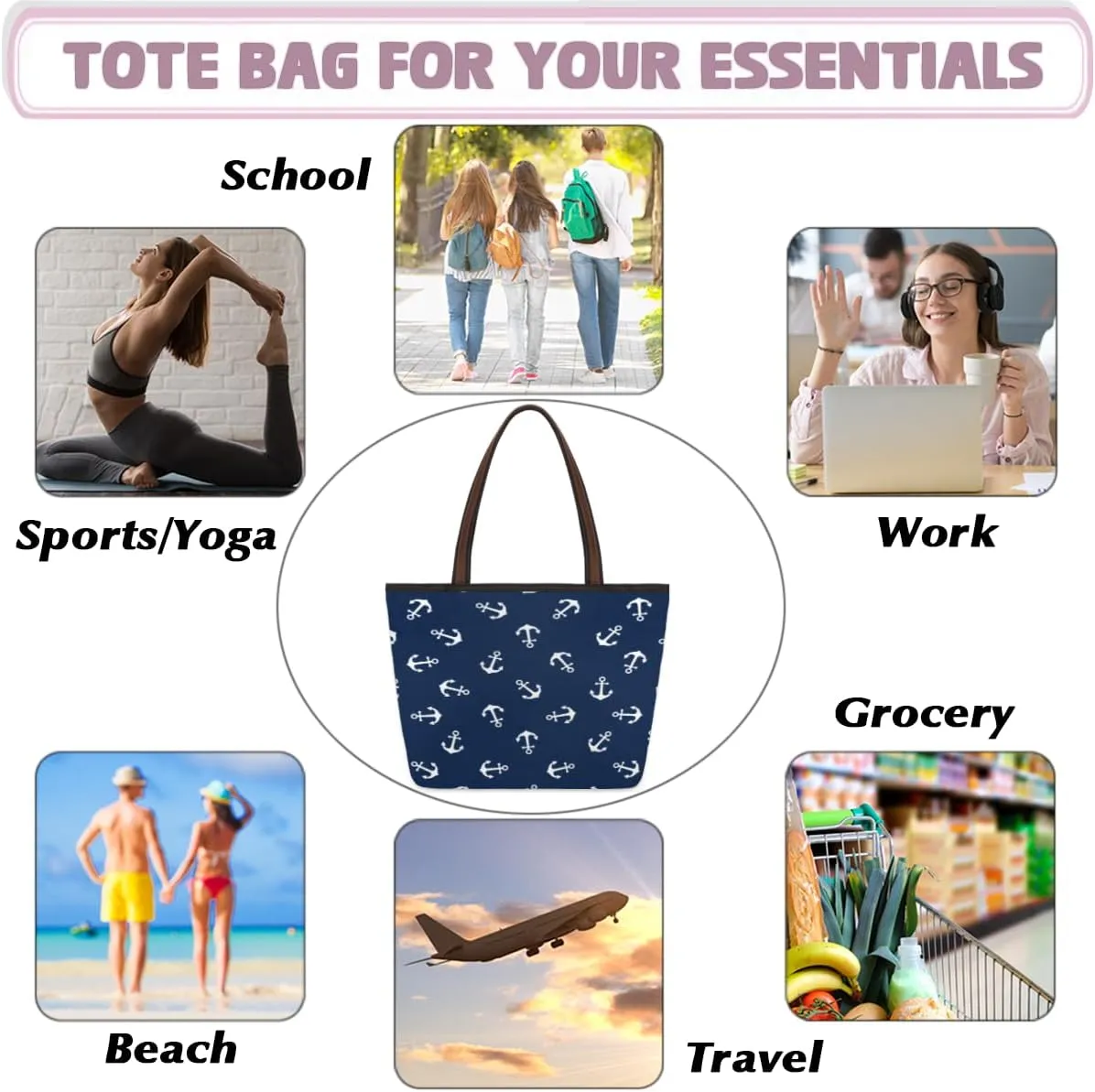 Tote Bag for Women with Zipper Large Capacity Top Handle Casual Shoulder Bag Handbag Reusable Shopping