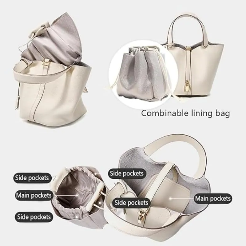 Tote Bag Leather Lock Design Bucket Bag Vegetable Basket Fashionable Versatile Shoulder Handbag Work Package