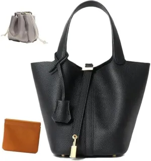 Tote Bag Leather Lock Design Bucket Bag Vegetable Basket Fashionable Versatile Shoulder Handbag Work Package