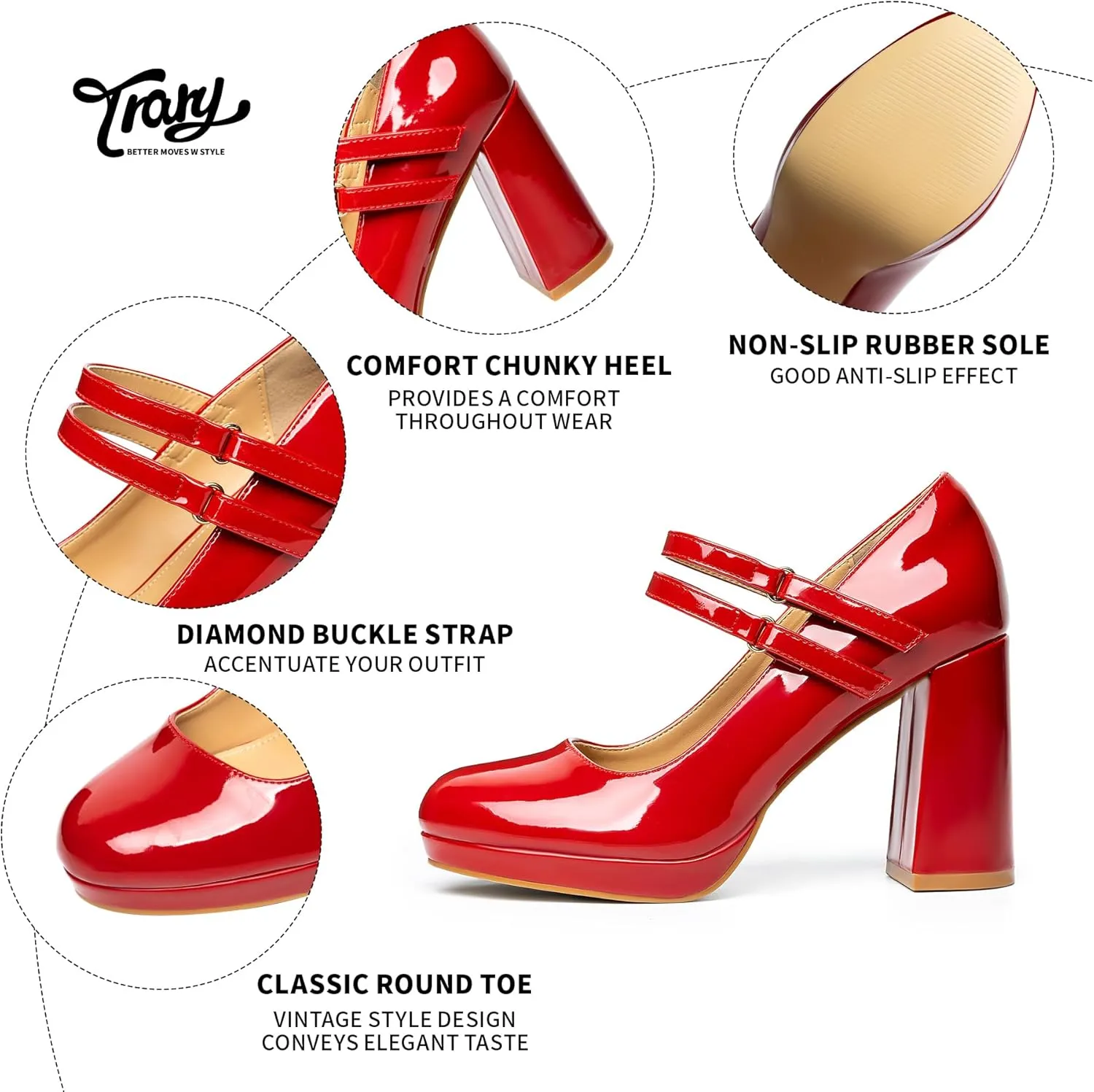 Trary Platform Mary Jane Shoes Womens Heels, Chunky Heels Mary Janes Dress Shoes for Women Close Round Toe Pumps Shoes with Buckle Strap for Office Party Casual Wedding