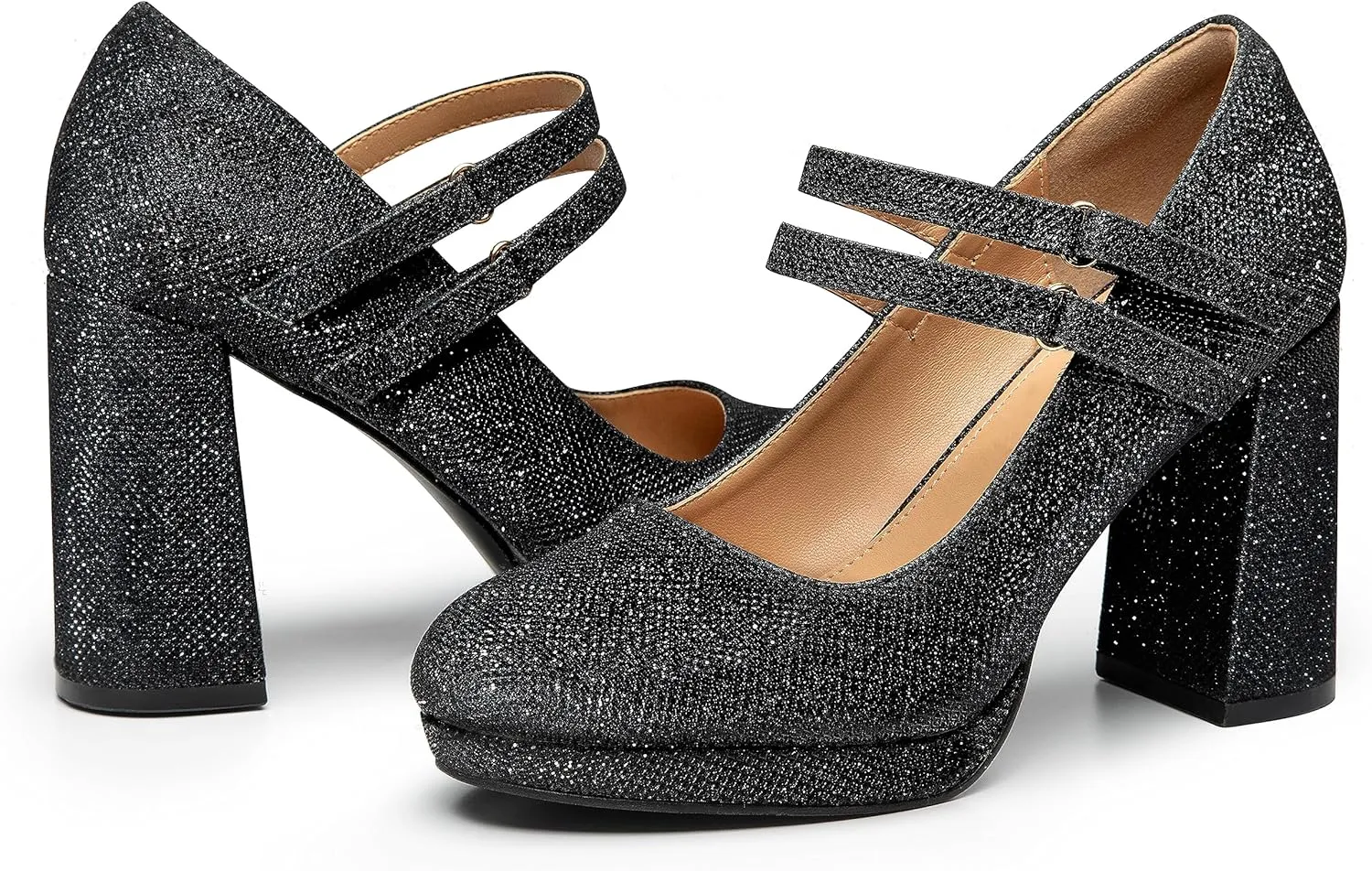 Trary Platform Mary Jane Shoes Womens Heels, Chunky Heels Mary Janes Dress Shoes for Women Close Round Toe Pumps Shoes with Buckle Strap for Office Party Casual Wedding