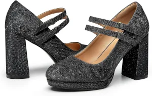 Trary Platform Mary Jane Shoes Womens Heels, Chunky Heels Mary Janes Dress Shoes for Women Close Round Toe Pumps Shoes with Buckle Strap for Office Party Casual Wedding