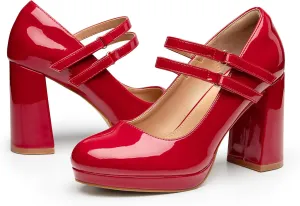 Trary Platform Mary Jane Shoes Womens Heels, Chunky Heels Mary Janes Dress Shoes for Women Close Round Toe Pumps Shoes with Buckle Strap for Office Party Casual Wedding