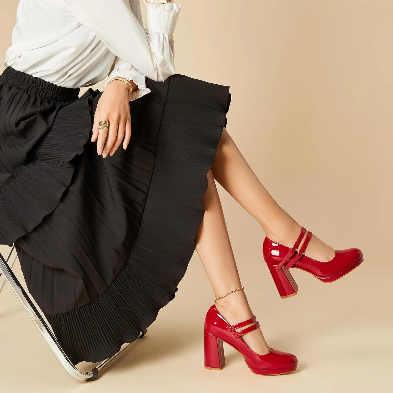 Trary Platform Mary Jane Shoes Womens Heels, Chunky Heels Mary Janes Dress Shoes for Women Close Round Toe Pumps Shoes with Buckle Strap for Office Party Casual Wedding