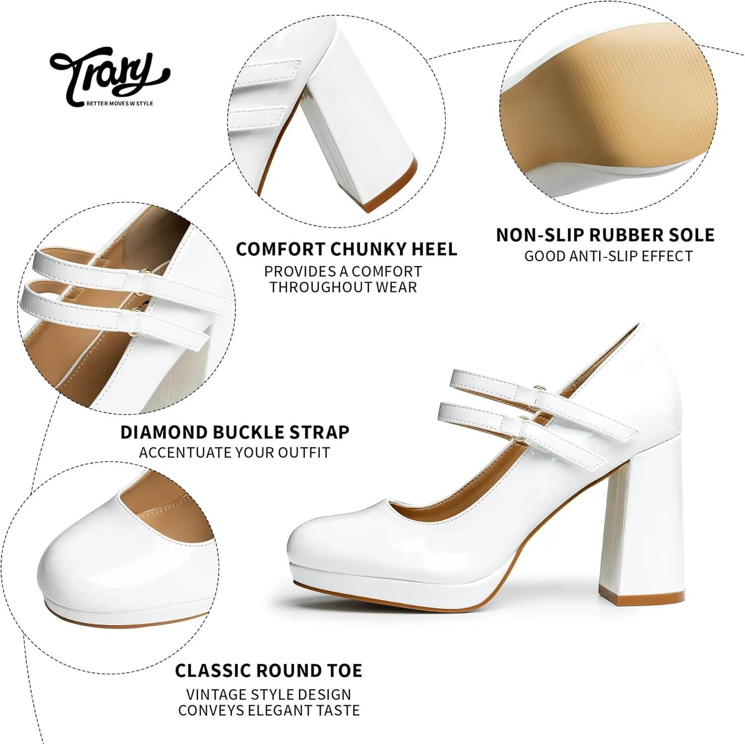 Trary Platform Mary Jane Shoes Womens Heels, Chunky Heels Mary Janes Dress Shoes for Women Close Round Toe Pumps Shoes with Buckle Strap for Office Party Casual Wedding
