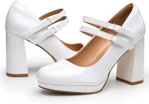 Trary Platform Mary Jane Shoes Womens Heels, Chunky Heels Mary Janes Dress Shoes for Women Close Round Toe Pumps Shoes with Buckle Strap for Office Party Casual Wedding