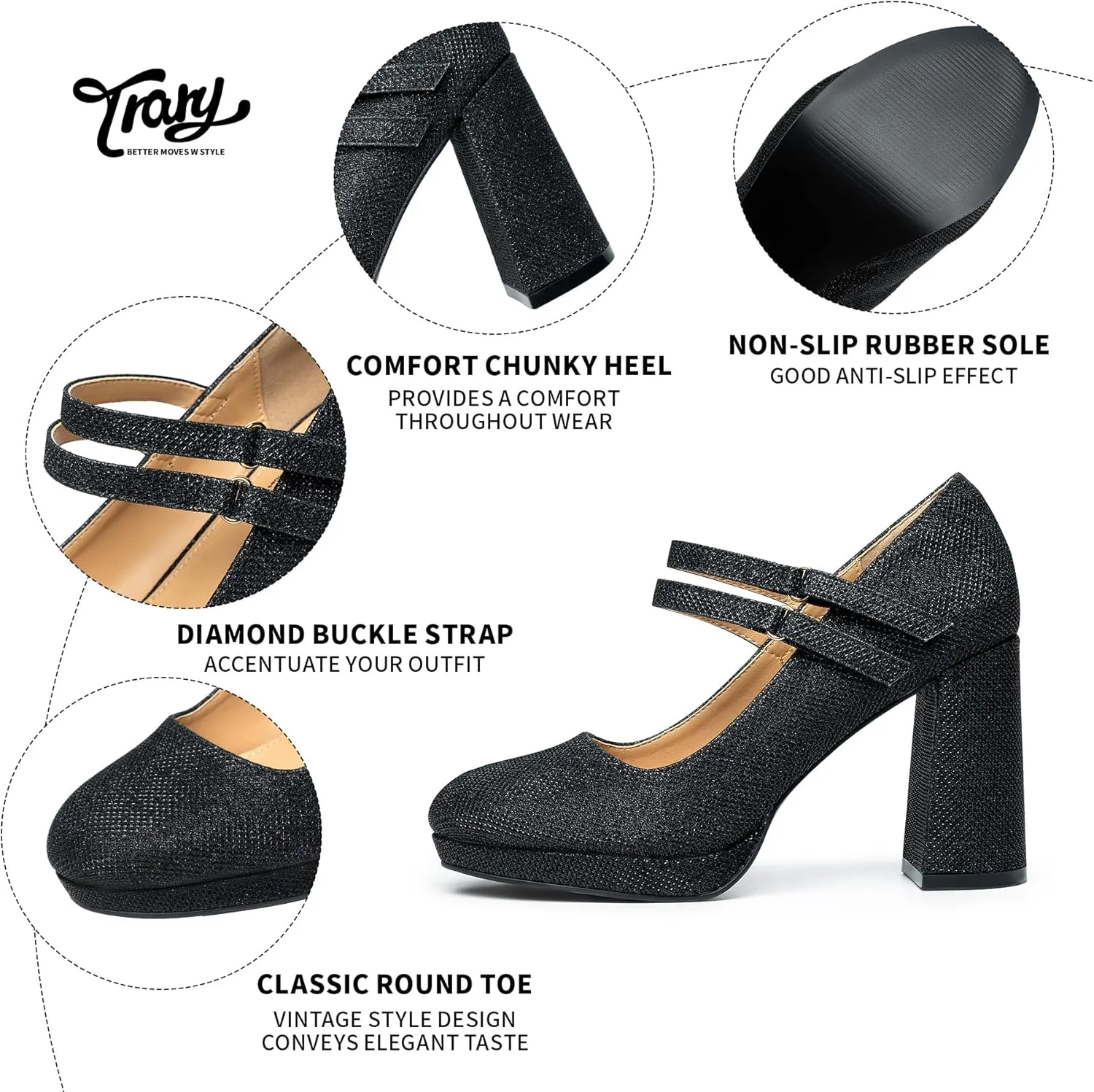 Trary Platform Mary Jane Shoes Womens Heels, Chunky Heels Mary Janes Dress Shoes for Women Close Round Toe Pumps Shoes with Buckle Strap for Office Party Casual Wedding