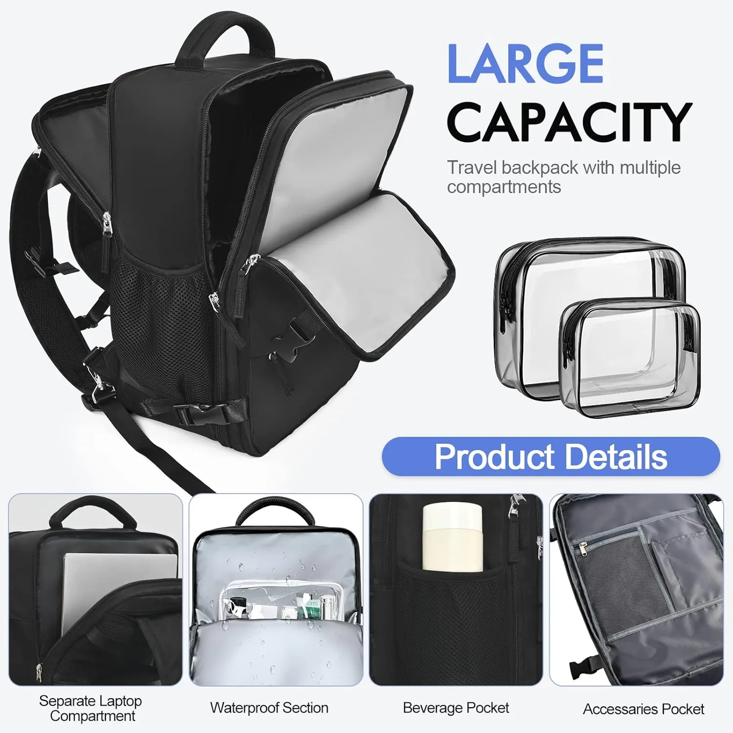 Travel Backpackfor Men Women Flight Approved, Carry-on Backpack Personal Item Backpack Bag Luggage on Airplanes, Black Backpacks for Traveling, Travel Essentials Must Haves