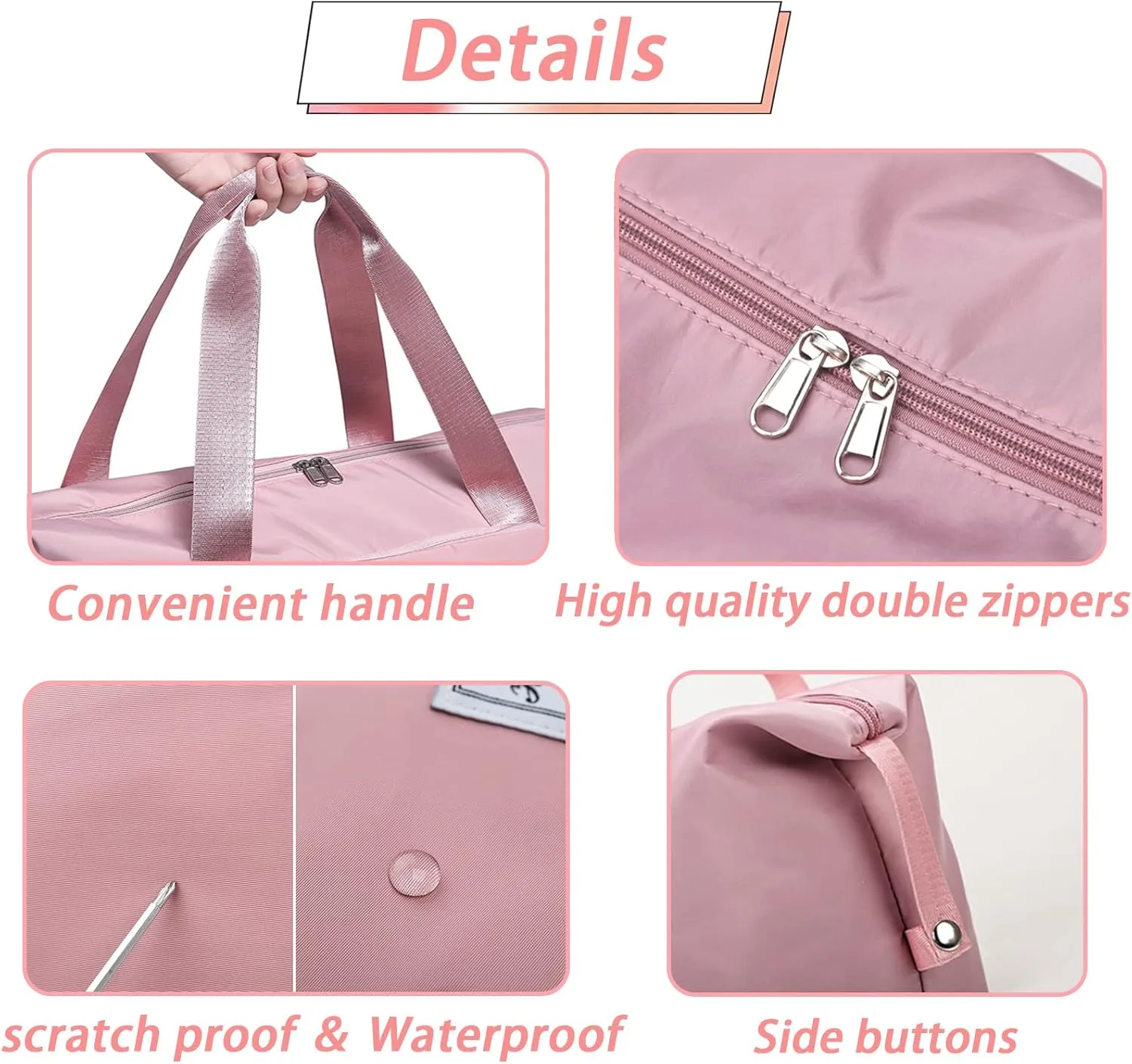 Travel Bag for Women Expandable Weekender Overnight Bag Carry on Sports Tote Gym Bag Waterproof Foldable Duffel Bag (Pink)