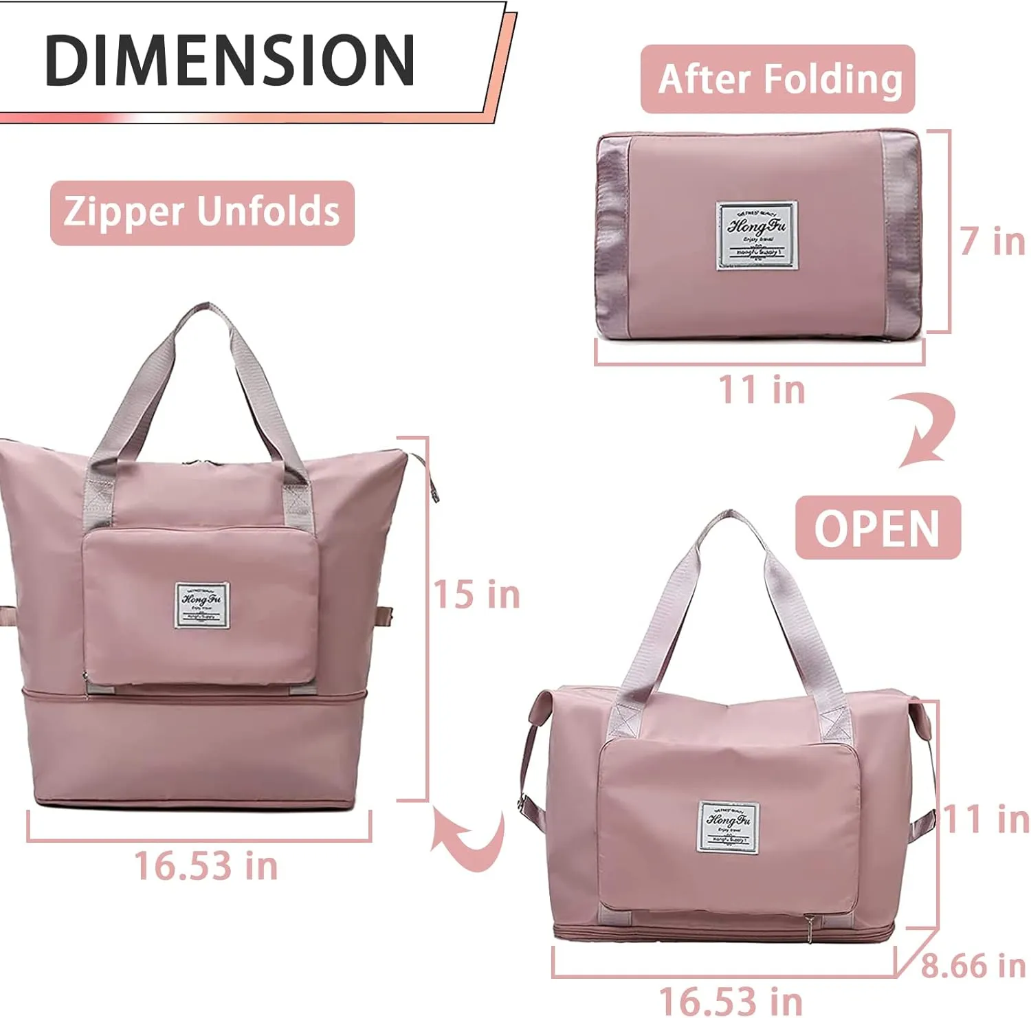 Travel Bag for Women Expandable Weekender Overnight Bag Carry on Sports Tote Gym Bag Waterproof Foldable Duffel Bag (Pink)