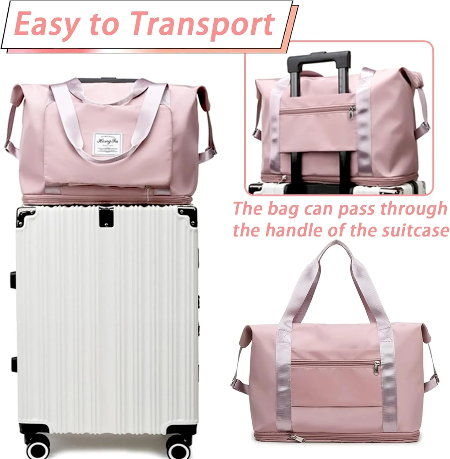 Travel Bag for Women Expandable Weekender Overnight Bag Carry on Sports Tote Gym Bag Waterproof Foldable Duffel Bag (Pink)