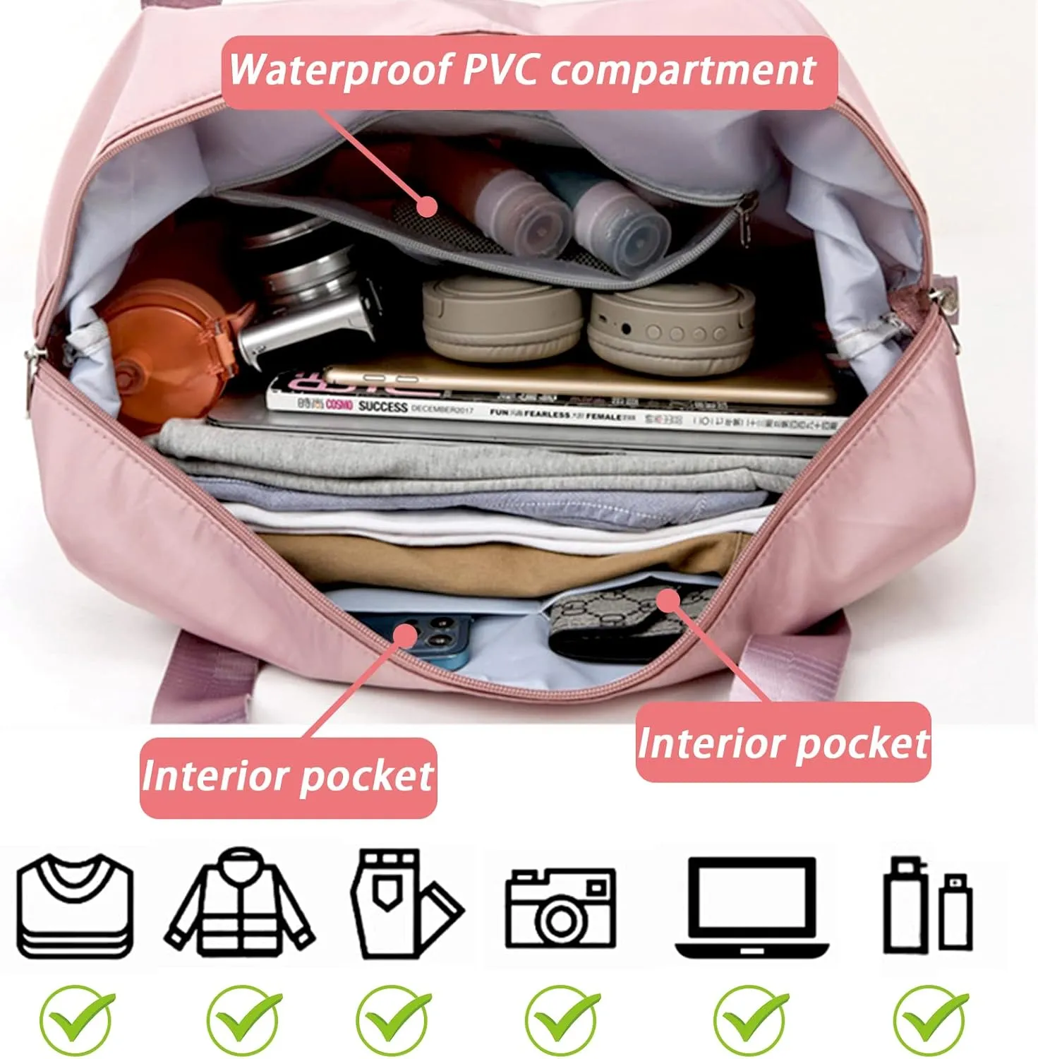 Travel Bag for Women Expandable Weekender Overnight Bag Carry on Sports Tote Gym Bag Waterproof Foldable Duffel Bag (Pink)