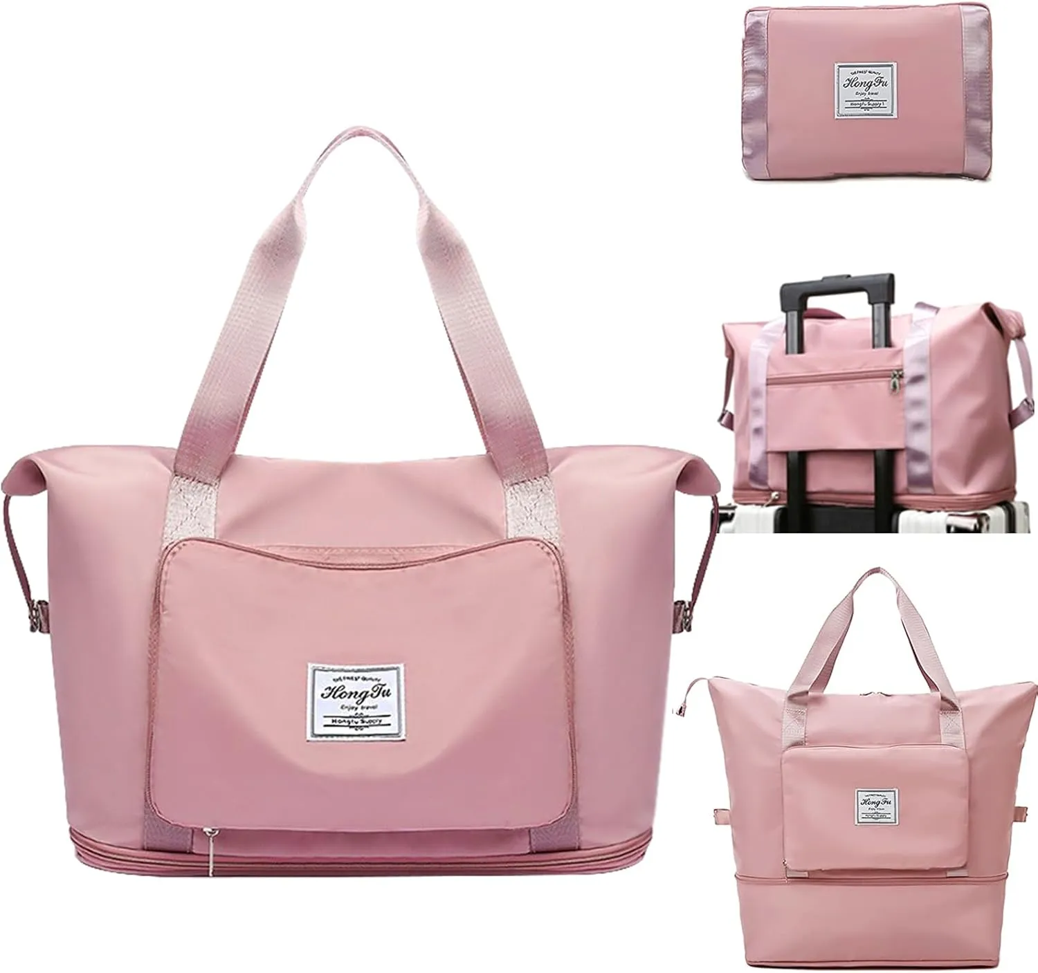 Travel Bag for Women Expandable Weekender Overnight Bag Carry on Sports Tote Gym Bag Waterproof Foldable Duffel Bag (Pink)