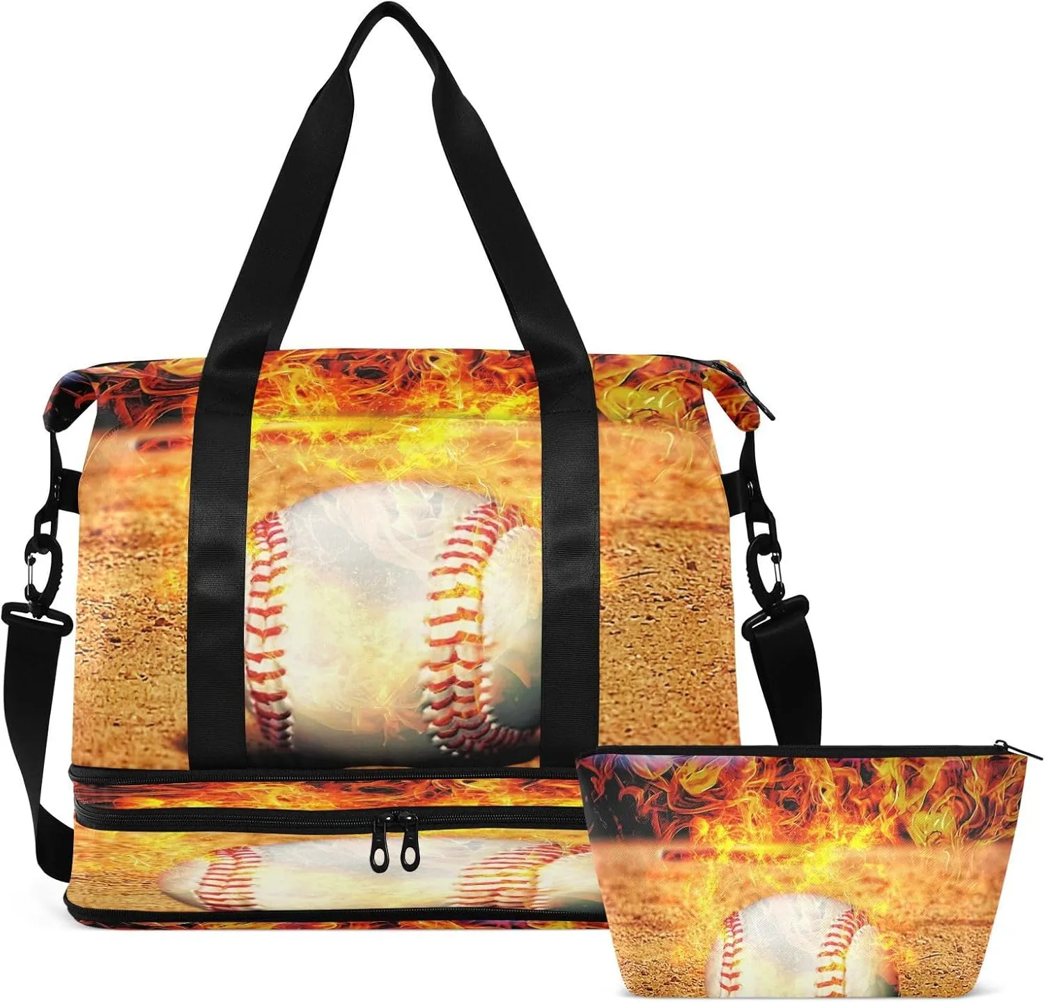 Travel Duffel Bag 3d Burning Baseball Weekender Overnight Bag for Women Men With Shoe Compartments Flaming Ball Sports Tote Gym Bag with Wet Pocket for Travel Sport Yoga 17 Inch
