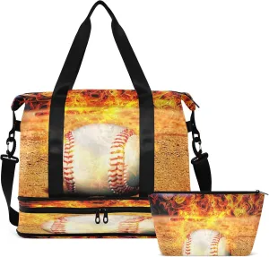 Travel Duffel Bag 3d Burning Baseball Weekender Overnight Bag for Women Men With Shoe Compartments Flaming Ball Sports Tote Gym Bag with Wet Pocket for Travel Sport Yoga 17 Inch