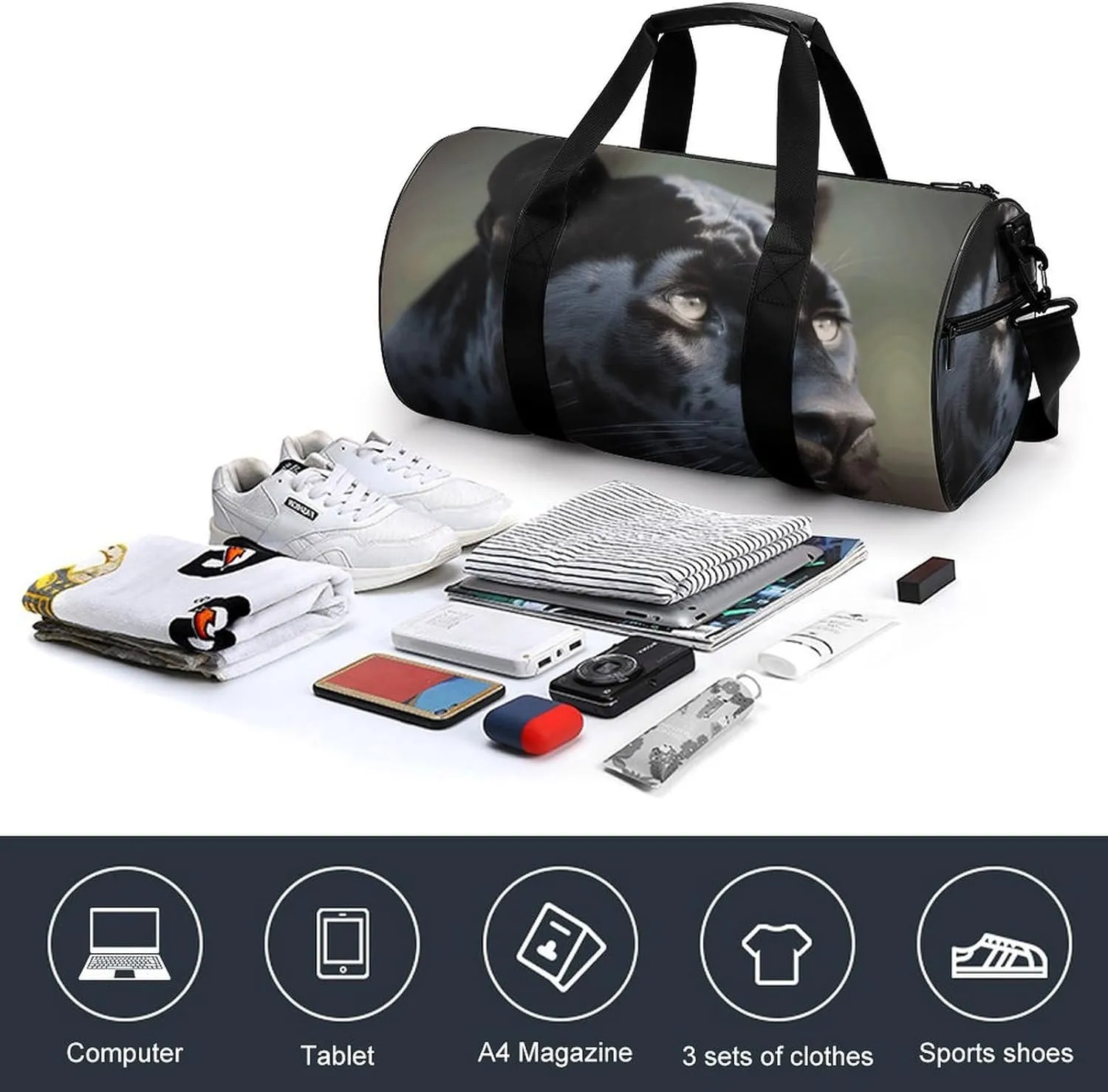 Travel Duffel Bag for Men And Women,Animal Panther Waterproof Sports Fitness Bag Portable Travel Duffel Bag
