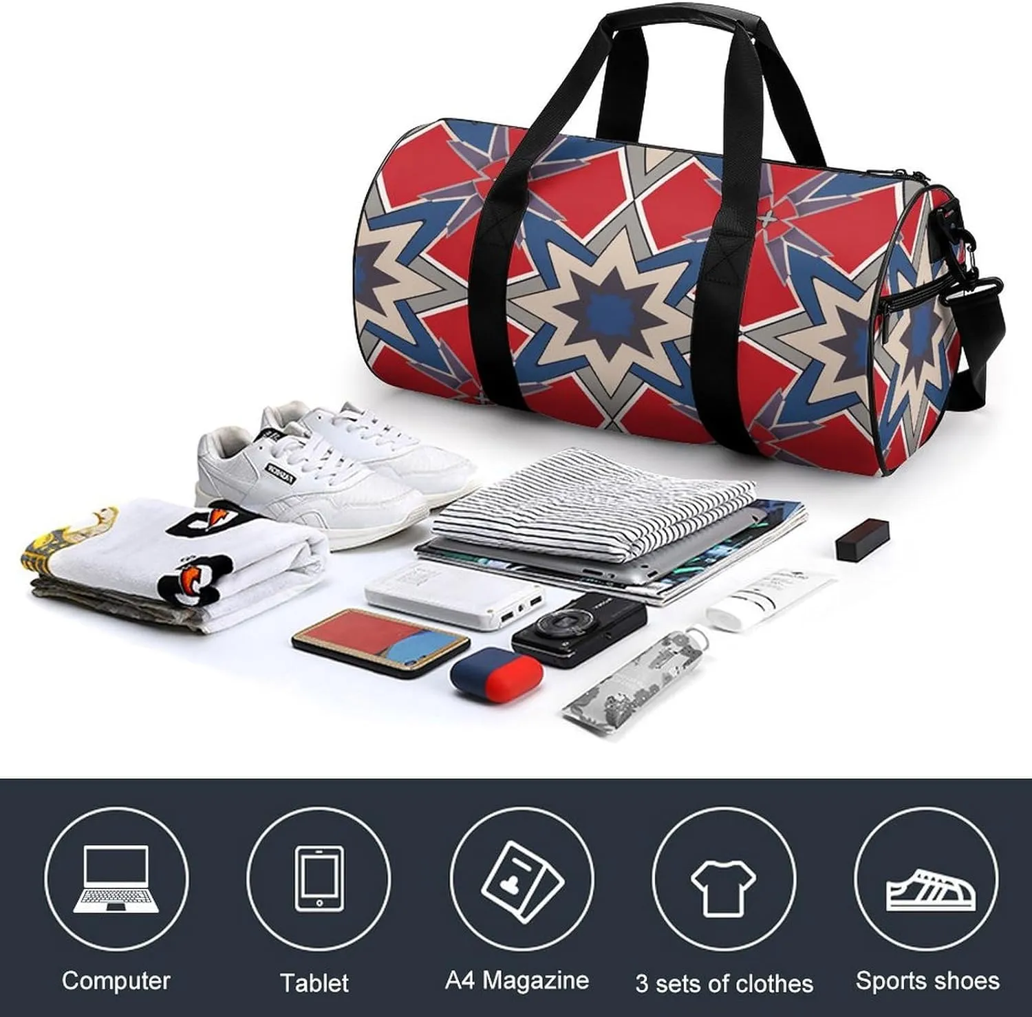 Travel Duffel Bag for Men And Women,Blue Geometric Pattern Waterproof Sports Fitness Bag Portable Travel Duffel Bag