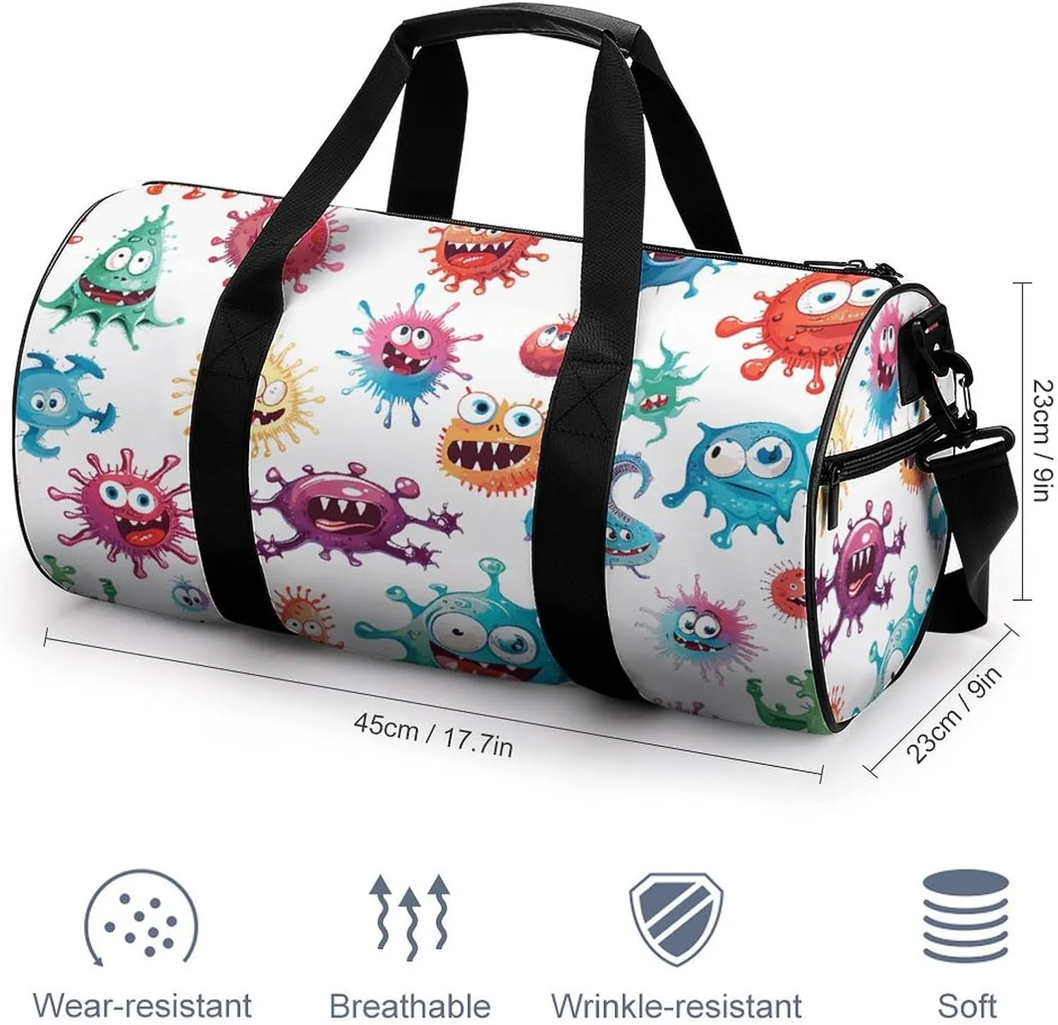 Travel Duffel Bag for Men And Women,Cartoon Bacteria Pattern Waterproof Sports Fitness Bag Portable Travel Duffel Bag