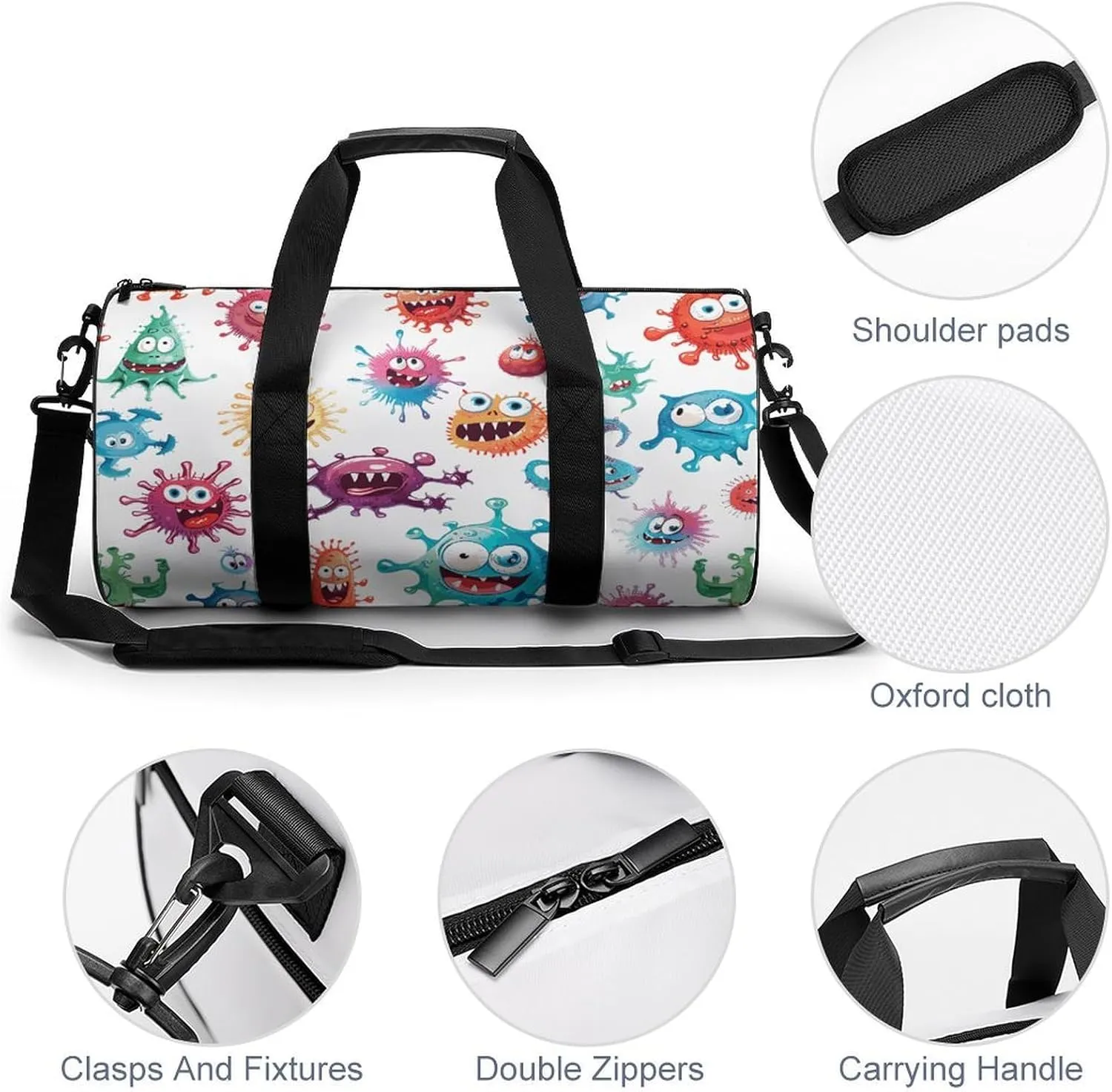 Travel Duffel Bag for Men And Women,Cartoon Bacteria Pattern Waterproof Sports Fitness Bag Portable Travel Duffel Bag