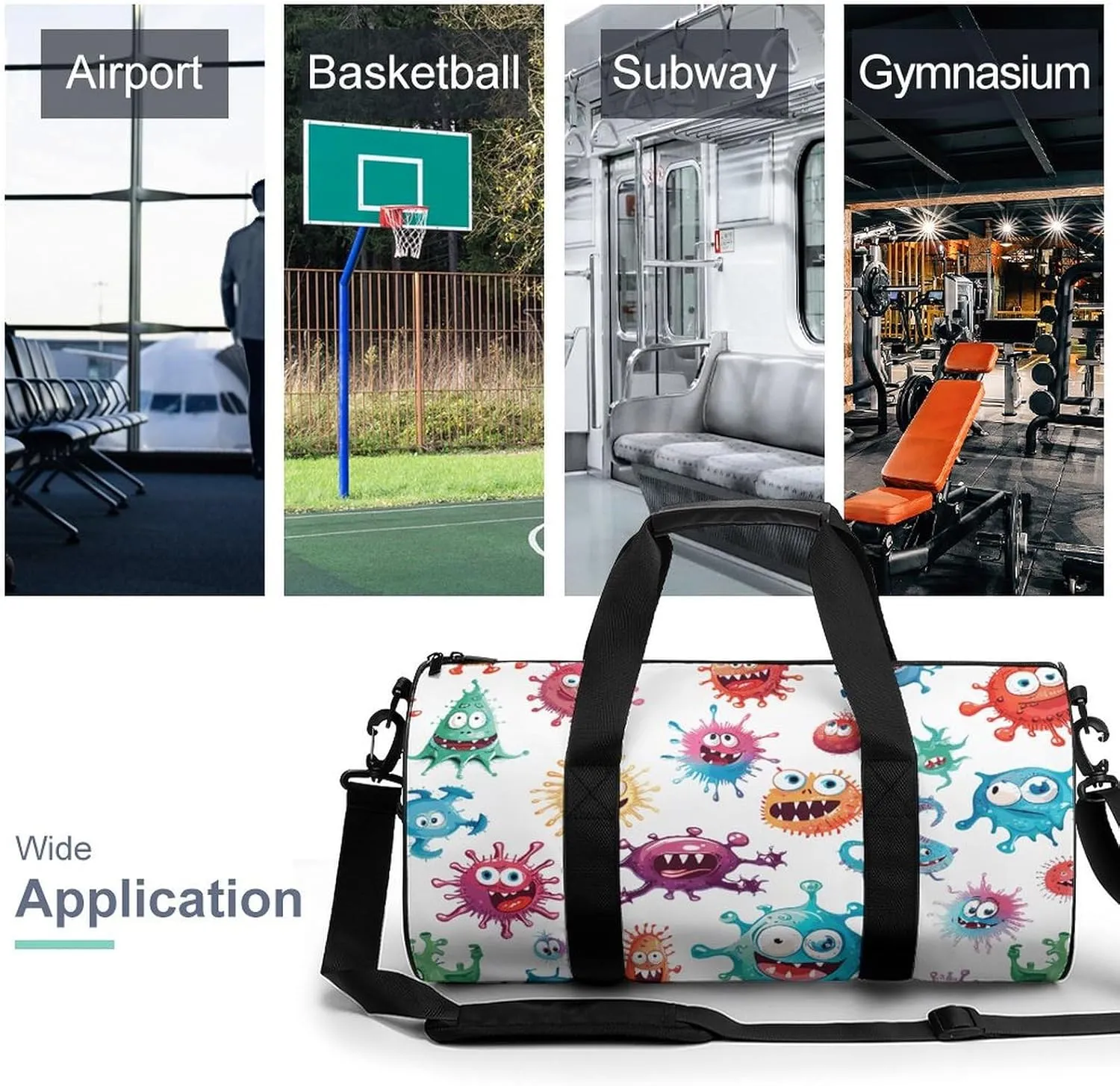 Travel Duffel Bag for Men And Women,Cartoon Bacteria Pattern Waterproof Sports Fitness Bag Portable Travel Duffel Bag