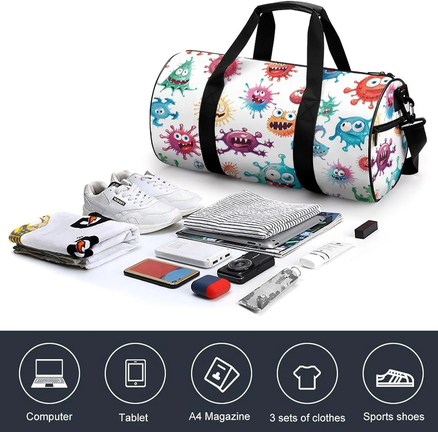 Travel Duffel Bag for Men And Women,Cartoon Bacteria Pattern Waterproof Sports Fitness Bag Portable Travel Duffel Bag