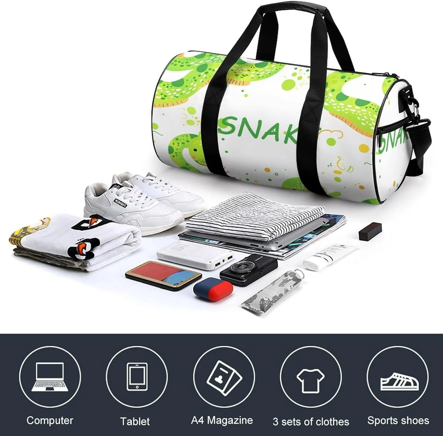 Travel Duffel Bag for Men And Women,Cartoon Snake Pattern Waterproof Sports Fitness Bag Portable Travel Duffel Bag