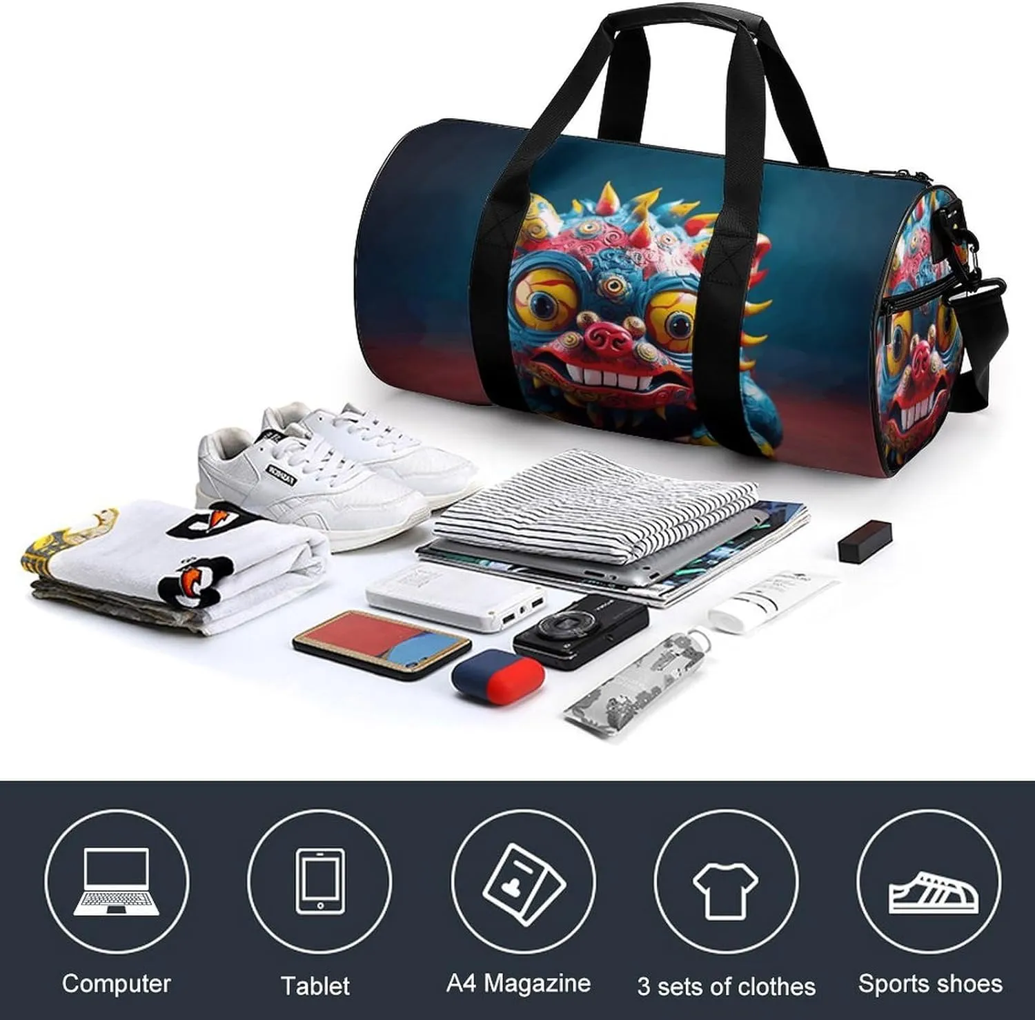 Travel Duffel Bag for Men And Women,Chinese Lion Waterproof Sports Fitness Bag Portable Travel Duffel Bag