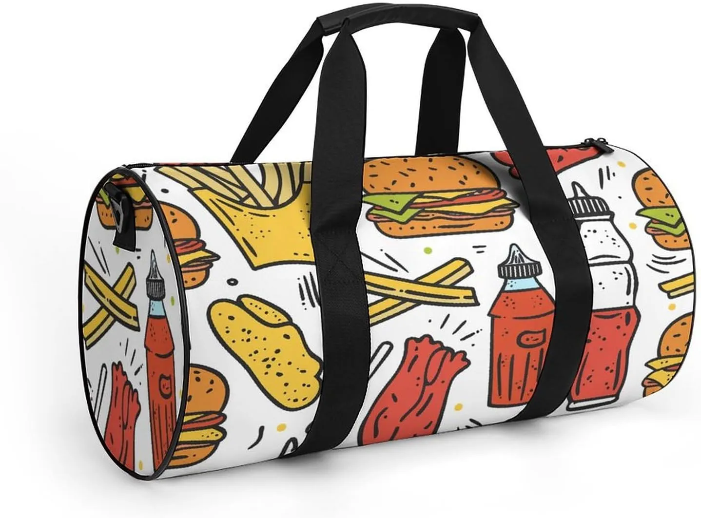Travel Duffel Bag for Men And Women,Doodle Fast Food Waterproof Sports Fitness Bag Portable Travel Duffel Bag, 17.7in/9in/9in