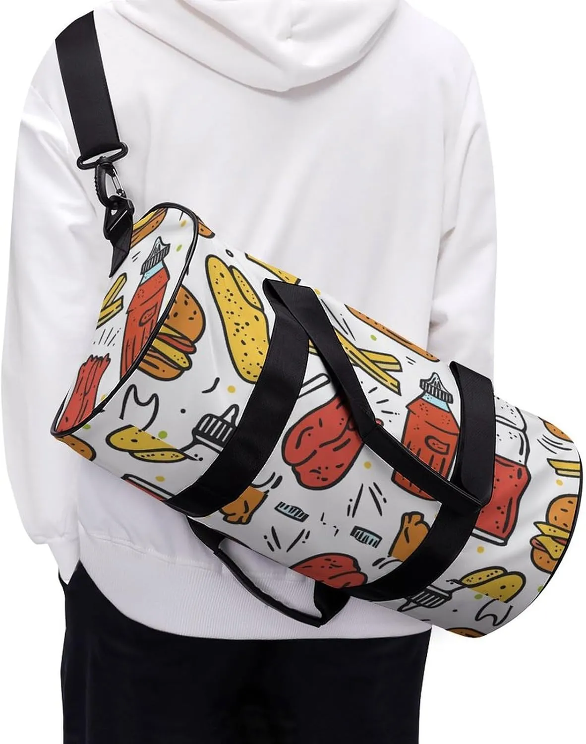 Travel Duffel Bag for Men And Women,Doodle Fast Food Waterproof Sports Fitness Bag Portable Travel Duffel Bag, 17.7in/9in/9in