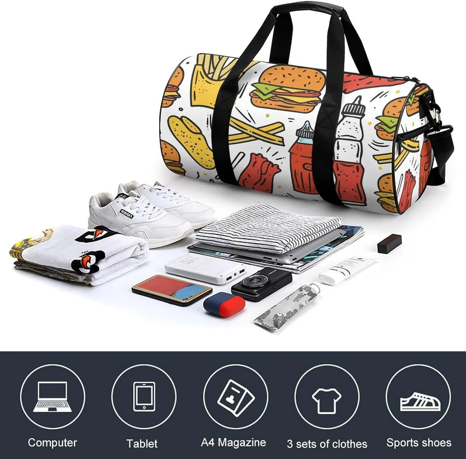Travel Duffel Bag for Men And Women,Doodle Fast Food Waterproof Sports Fitness Bag Portable Travel Duffel Bag, 17.7in/9in/9in
