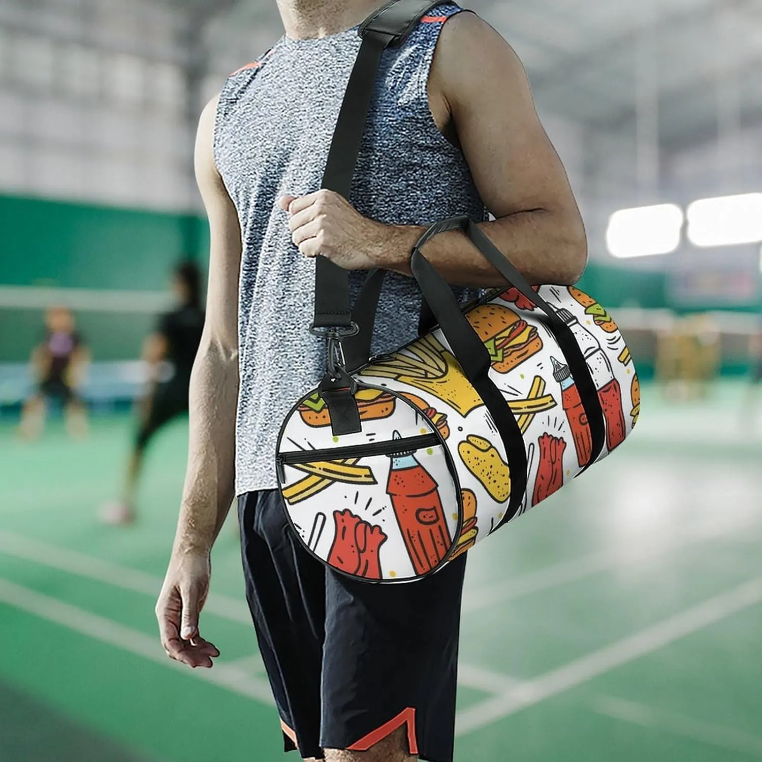 Travel Duffel Bag for Men And Women,Doodle Fast Food Waterproof Sports Fitness Bag Portable Travel Duffel Bag, 17.7in/9in/9in