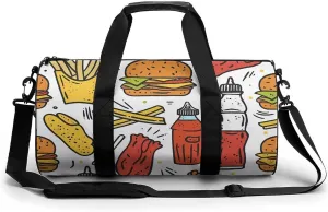 Travel Duffel Bag for Men And Women,Doodle Fast Food Waterproof Sports Fitness Bag Portable Travel Duffel Bag, 17.7in/9in/9in
