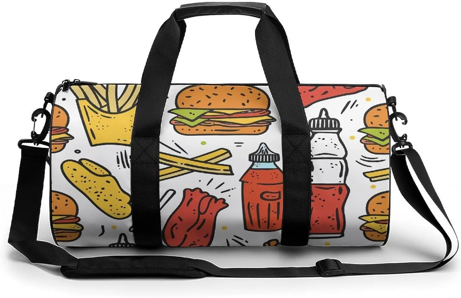Travel Duffel Bag for Men And Women,Doodle Fast Food Waterproof Sports Fitness Bag Portable Travel Duffel Bag, 17.7in/9in/9in