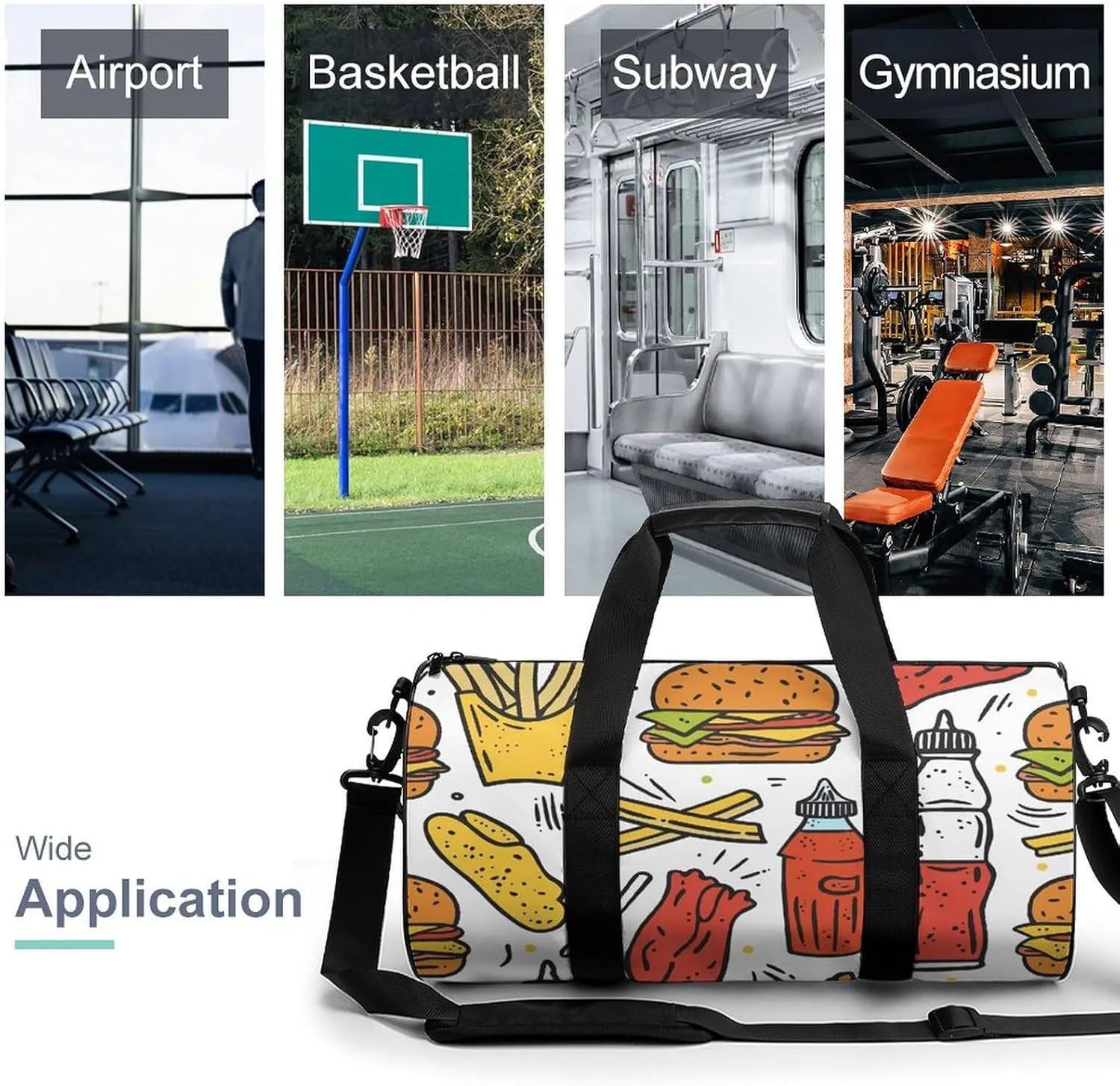 Travel Duffel Bag for Men And Women,Doodle Fast Food Waterproof Sports Fitness Bag Portable Travel Duffel Bag, 17.7in/9in/9in