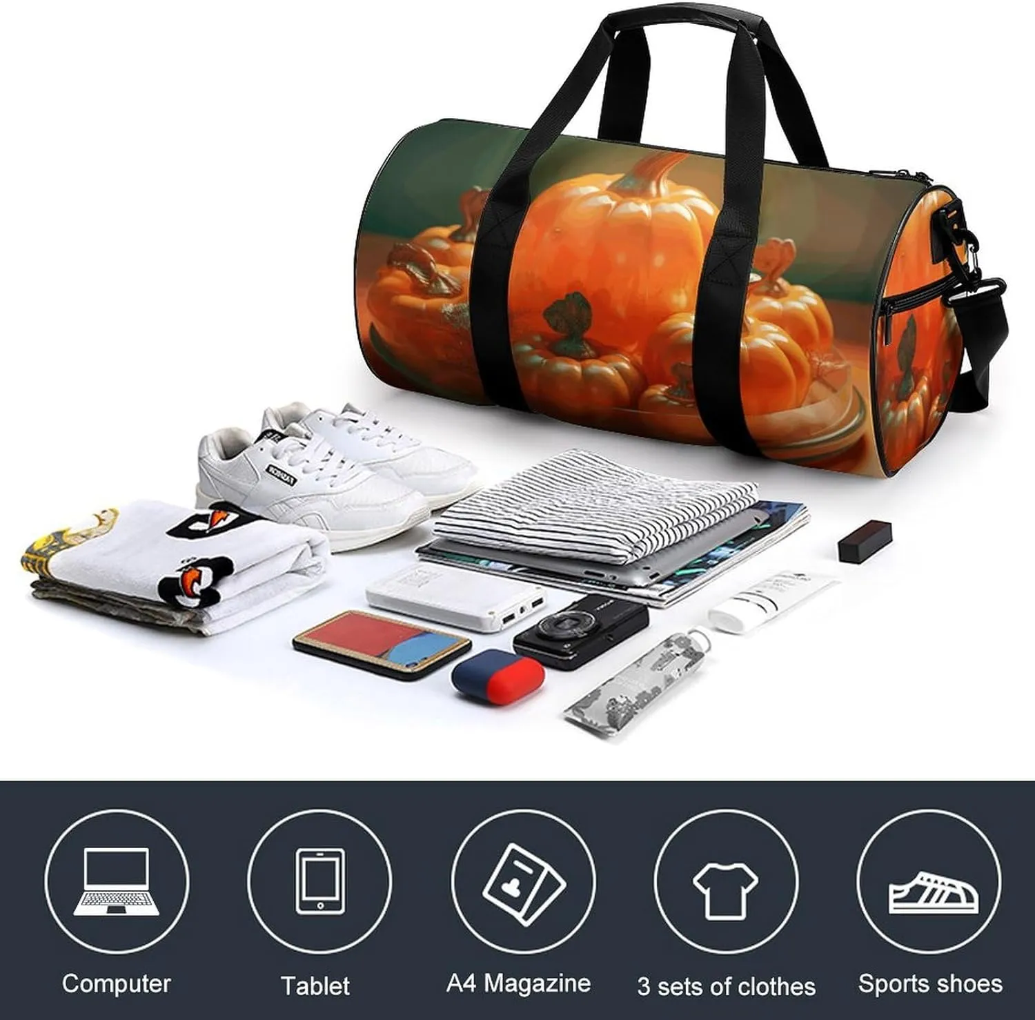Travel Duffel Bag for Men And Women,Pumpkin on Background Waterproof Sports Fitness Bag Portable Travel Duffel Bag