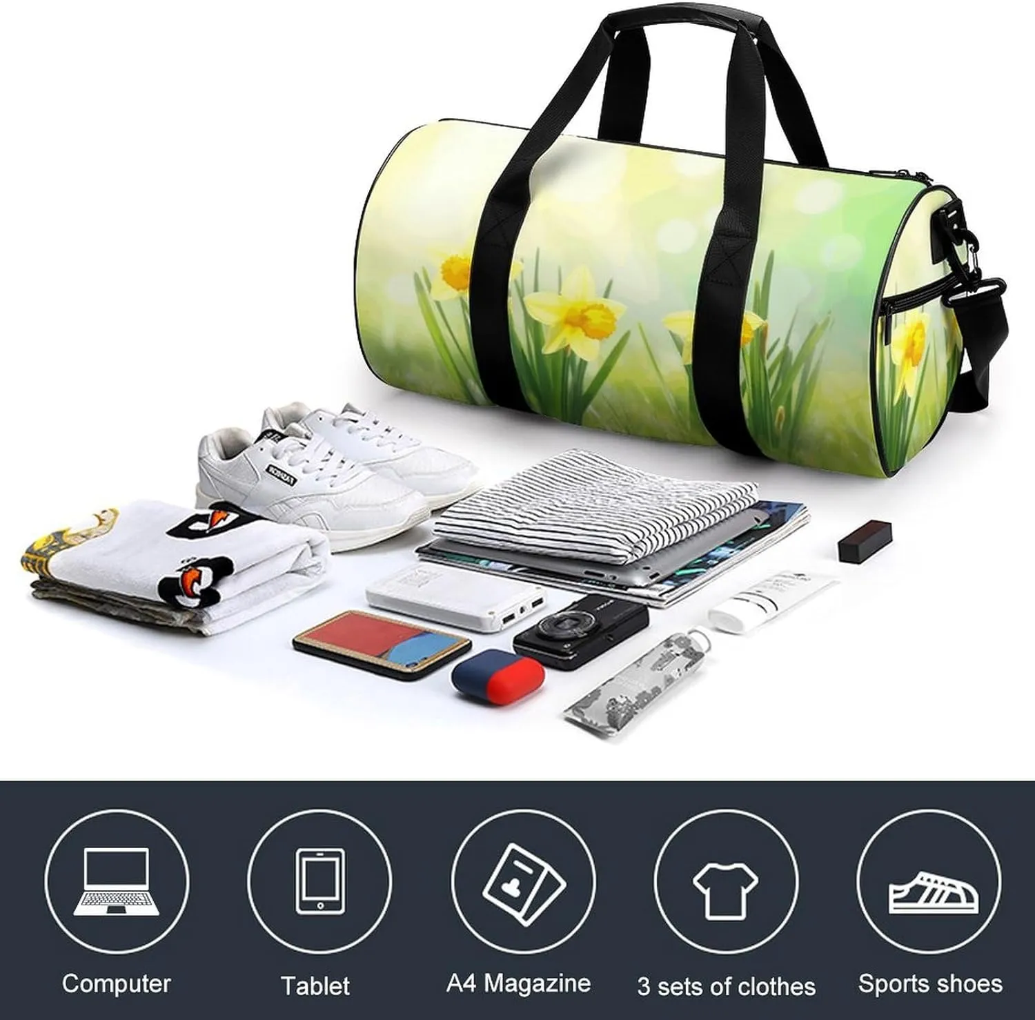 Travel Duffel Bag for Men And Women,Three Yellow Daffodils Waterproof Sports Fitness Bag Portable Travel Duffel Bag