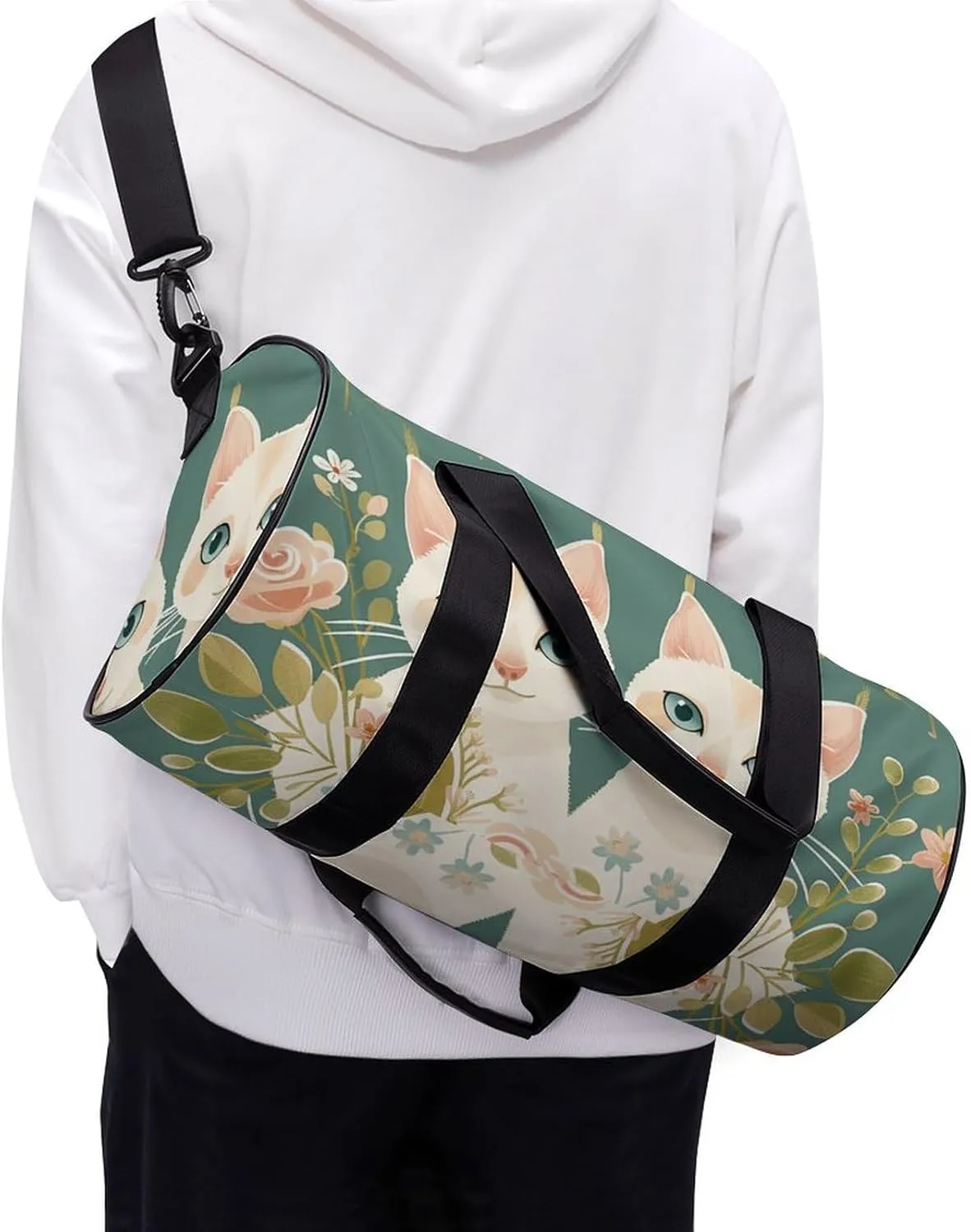 Travel Duffel Bag for Men And Women,Two Cats And Flowers Waterproof Sports Fitness Bag Portable Travel Duffel Bag