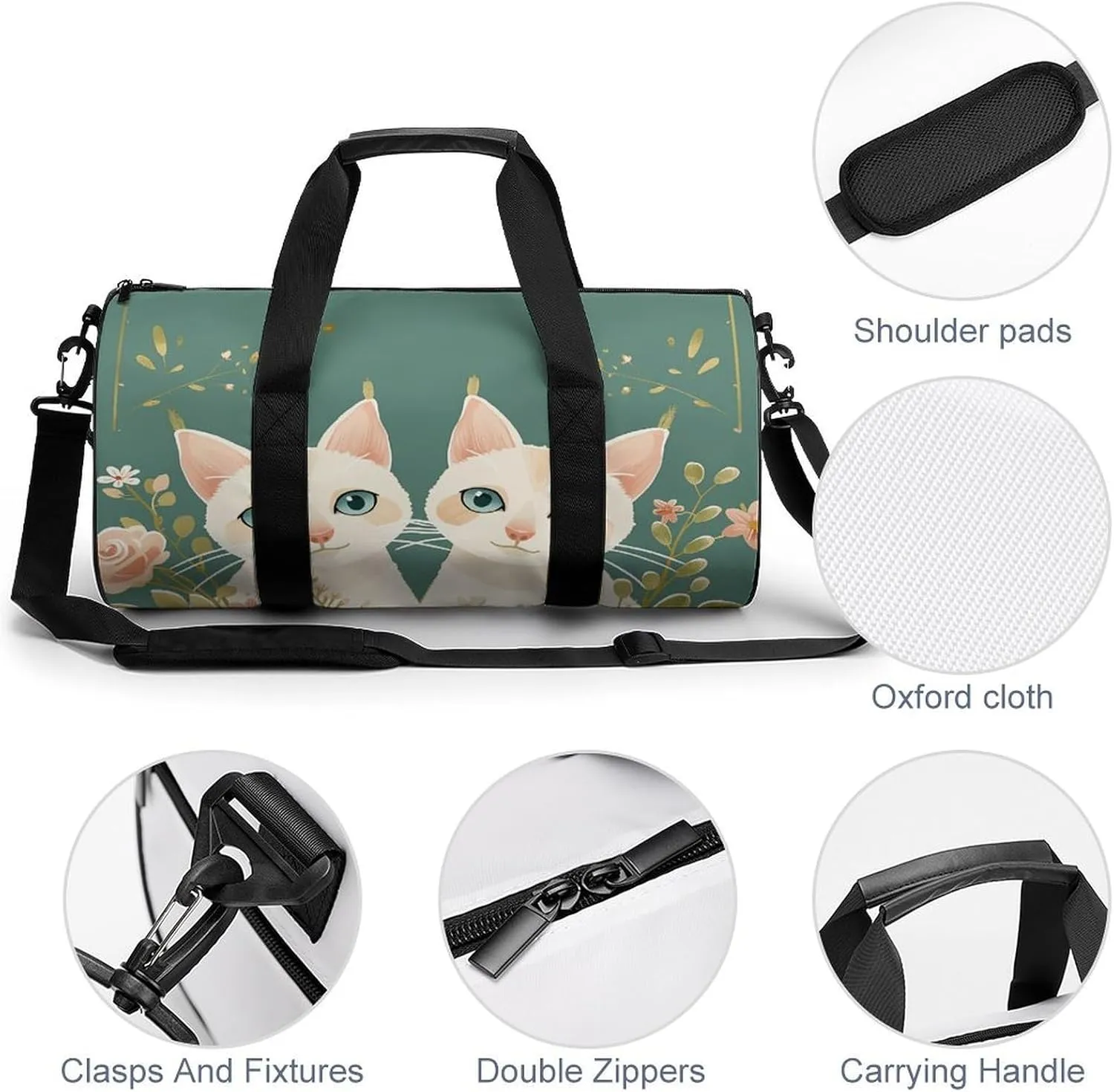 Travel Duffel Bag for Men And Women,Two Cats And Flowers Waterproof Sports Fitness Bag Portable Travel Duffel Bag