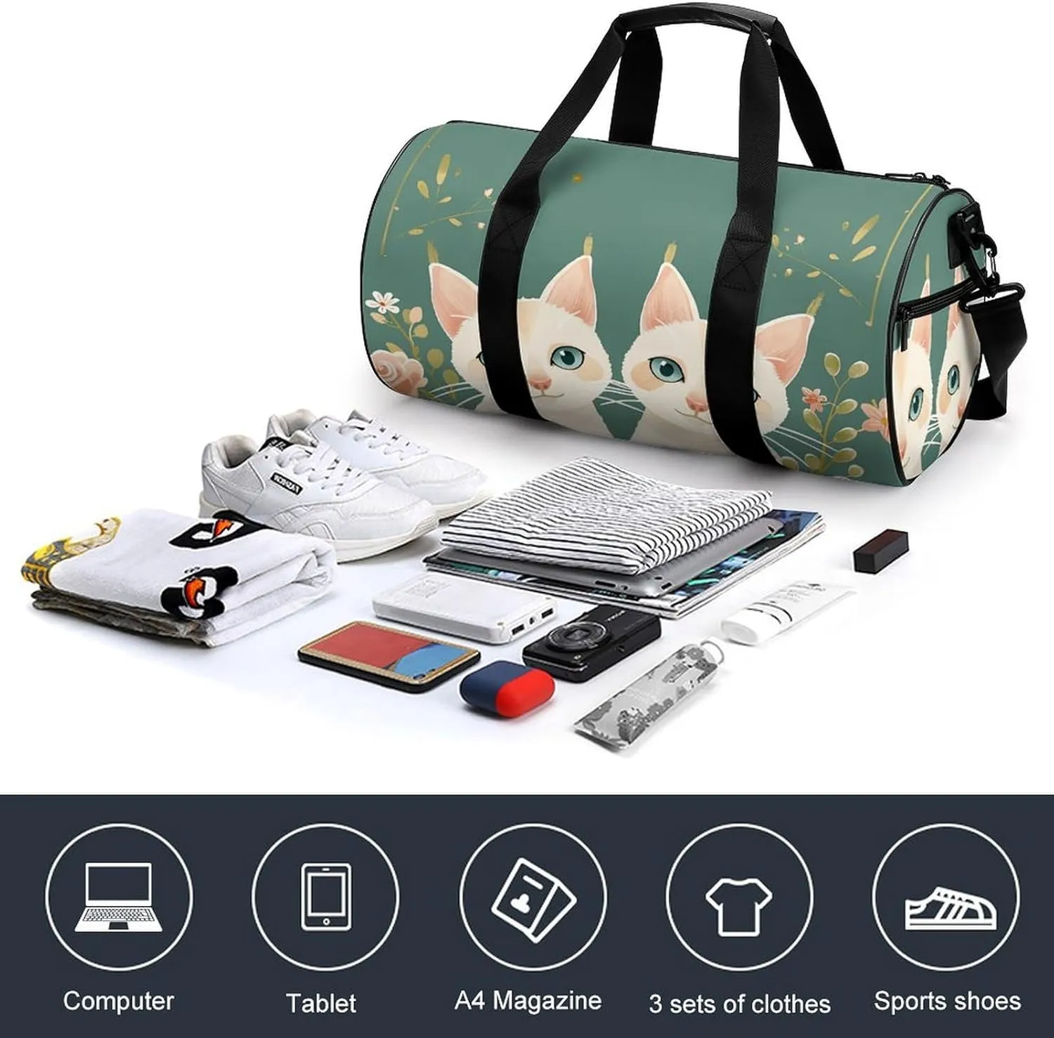 Travel Duffel Bag for Men And Women,Two Cats And Flowers Waterproof Sports Fitness Bag Portable Travel Duffel Bag
