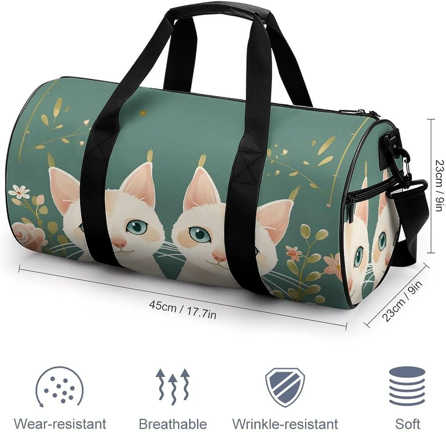 Travel Duffel Bag for Men And Women,Two Cats And Flowers Waterproof Sports Fitness Bag Portable Travel Duffel Bag