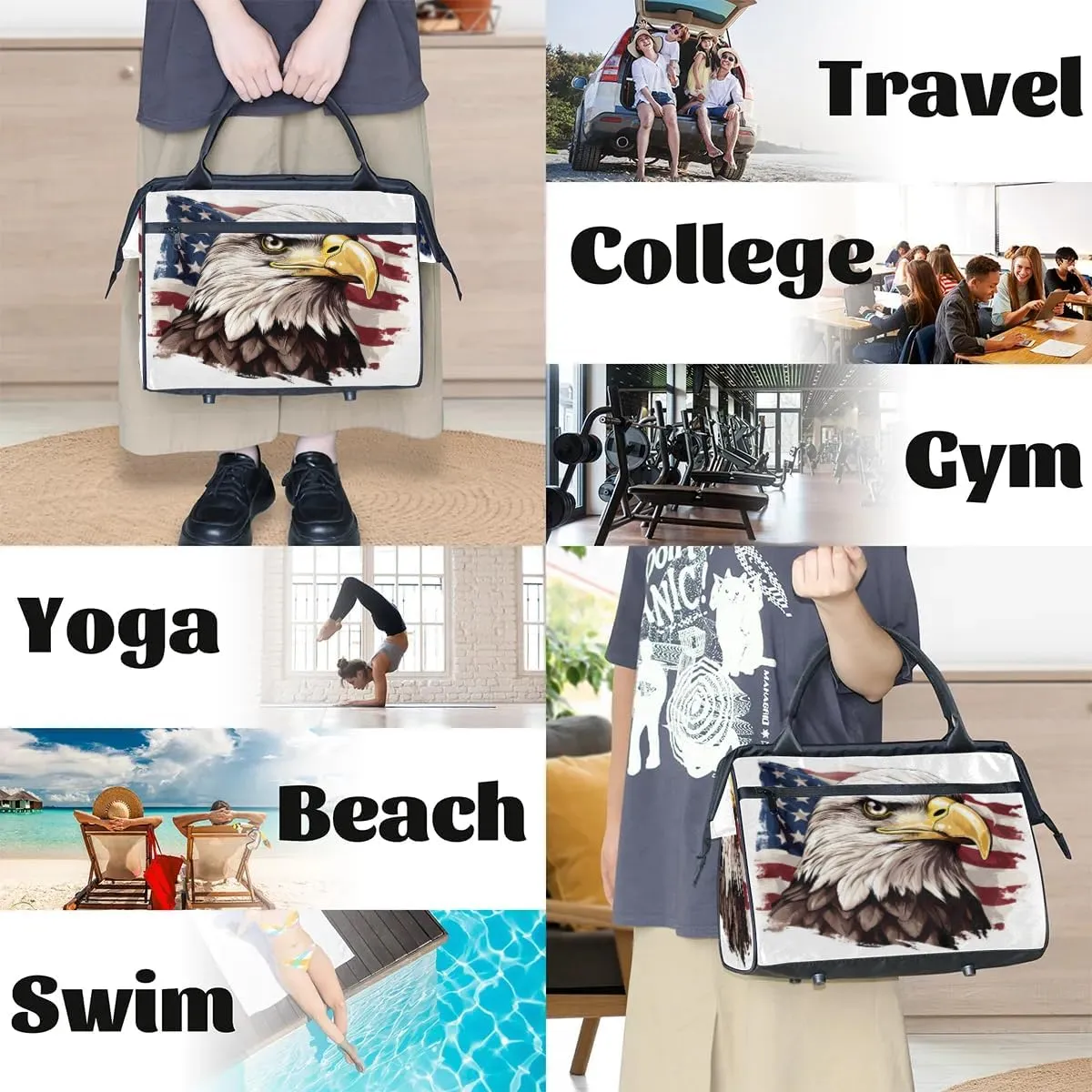 Travel Duffel Bag for Women, American Flag Eagle Weekender Overnight Bag Carry on Beach Swim Bags Dance Bag Airlines Approved Personal Item Travel Bag for Yoga, Sports, Hospital
