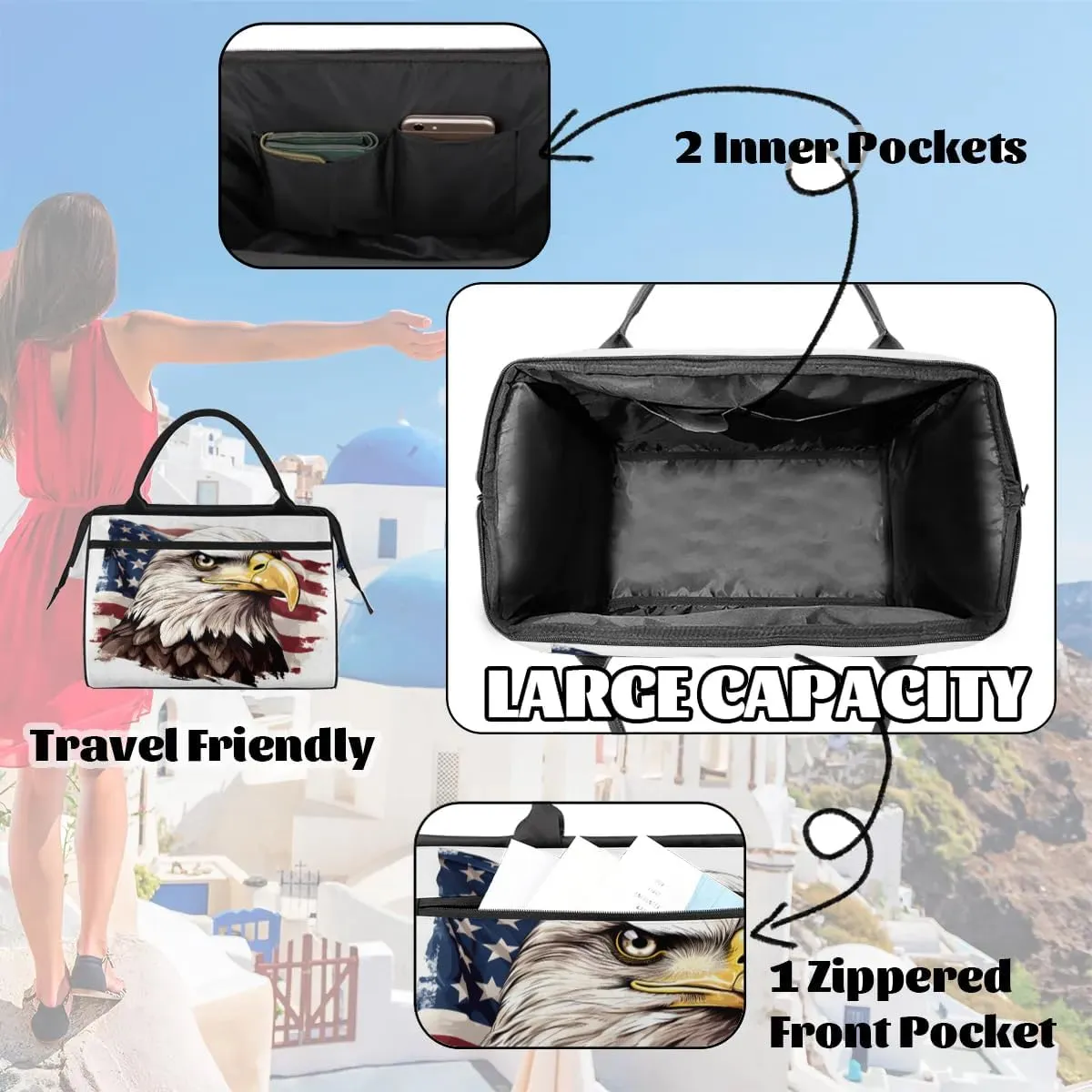 Travel Duffel Bag for Women, American Flag Eagle Weekender Overnight Bag Carry on Beach Swim Bags Dance Bag Airlines Approved Personal Item Travel Bag for Yoga, Sports, Hospital