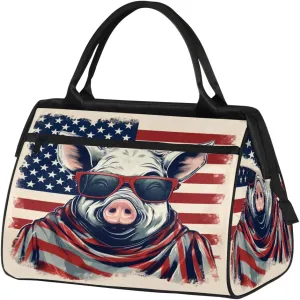 Travel Duffel Bag for Women, American Flag Pig Weekender Overnight Bag Carry on Beach Swim Bags Dance Bag Airlines Approved Personal Item Travel Bag for Yoga, Sports, Hospital